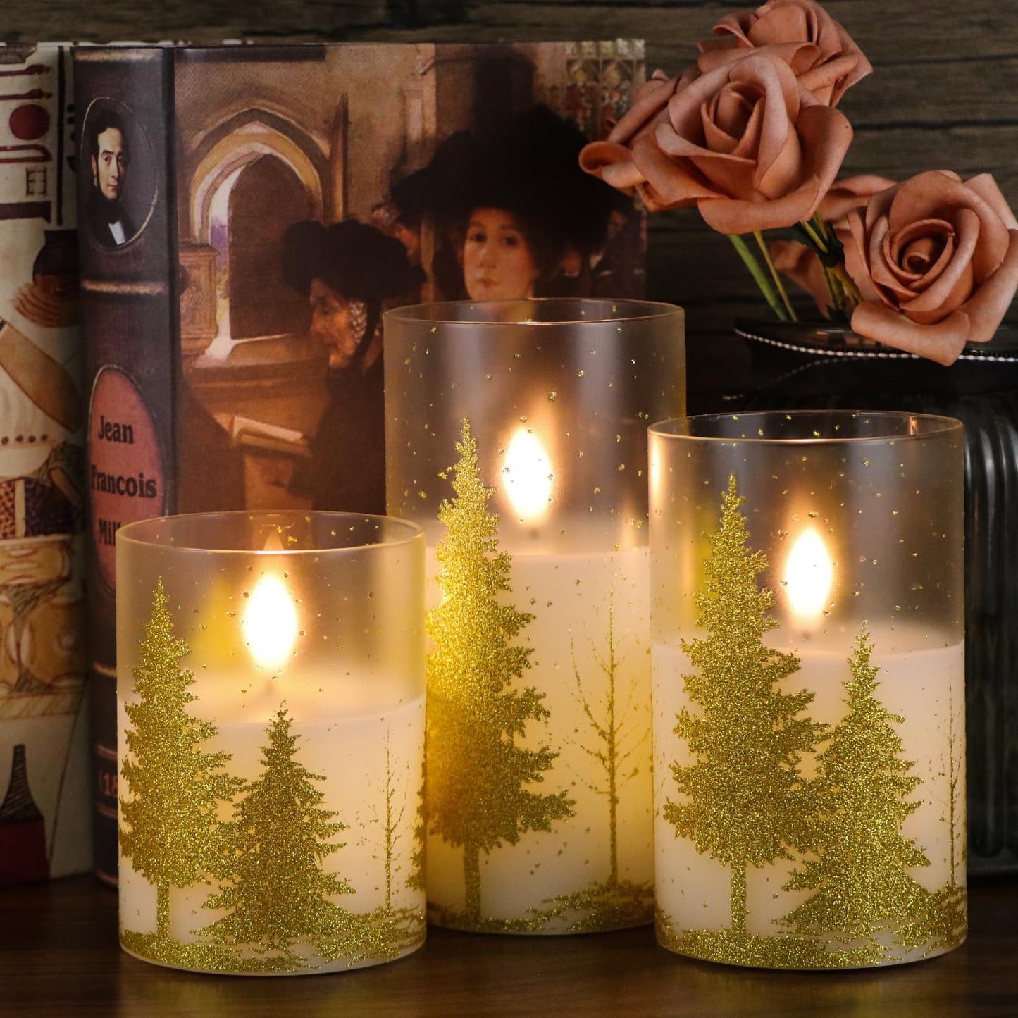 DRomance Christmas Tree Glass Flameless Candles with Remote Timer Battery Operated Real Wax 3D Wick LED Flickering Pillar Candles Christmas Holiday Decor(Gold, 3 x 4,5,6 Inch)