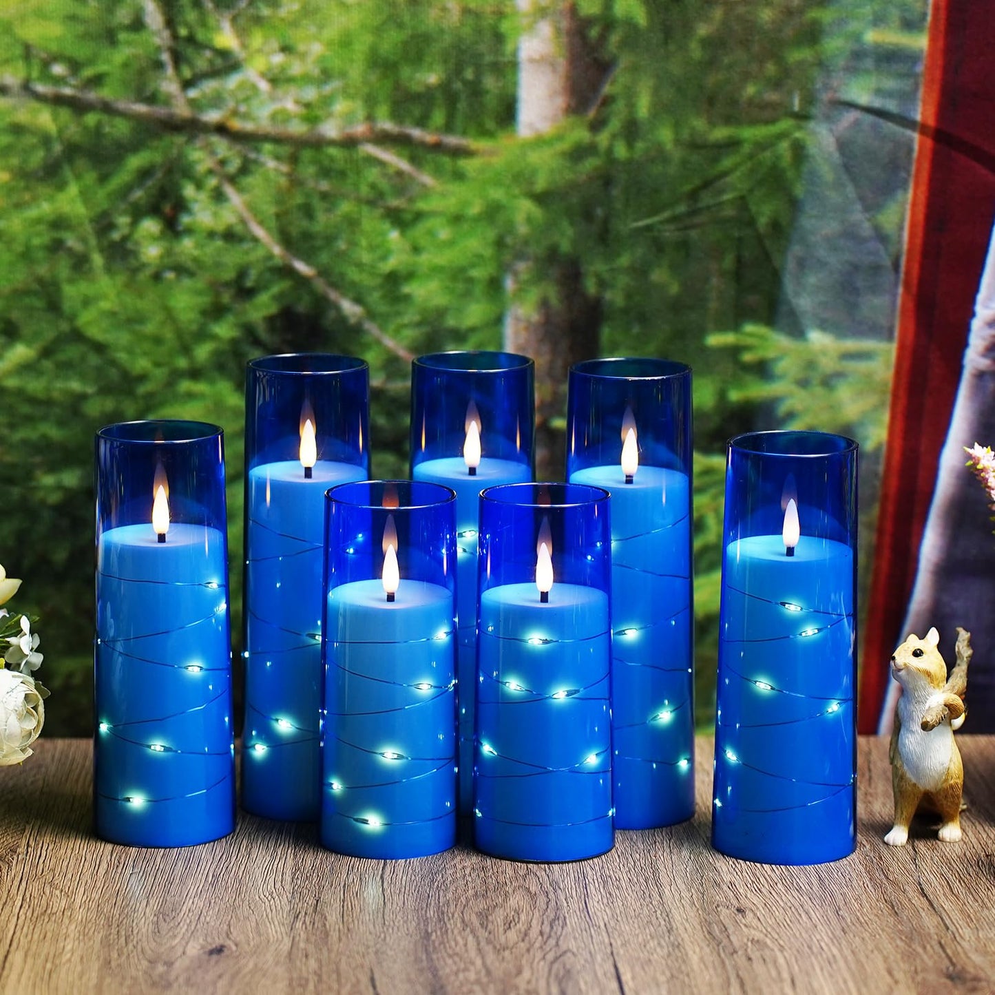 Eebuss Flameless Candles with Embedded Star String, Battery Operated LED Pillar Candles with Timer and Remote Control,Home Decorating for Ambiance， Set of 7 (Blue)