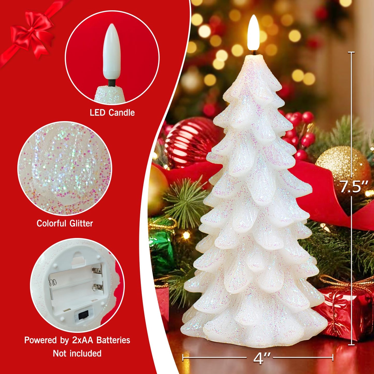 Lumeavetra Glittering Christmas Tree Shaped Flameless Candles, Flickering Real Wax Battery Operated LED Candles with Timer for Holiday Home Party Decorations, Set of 2