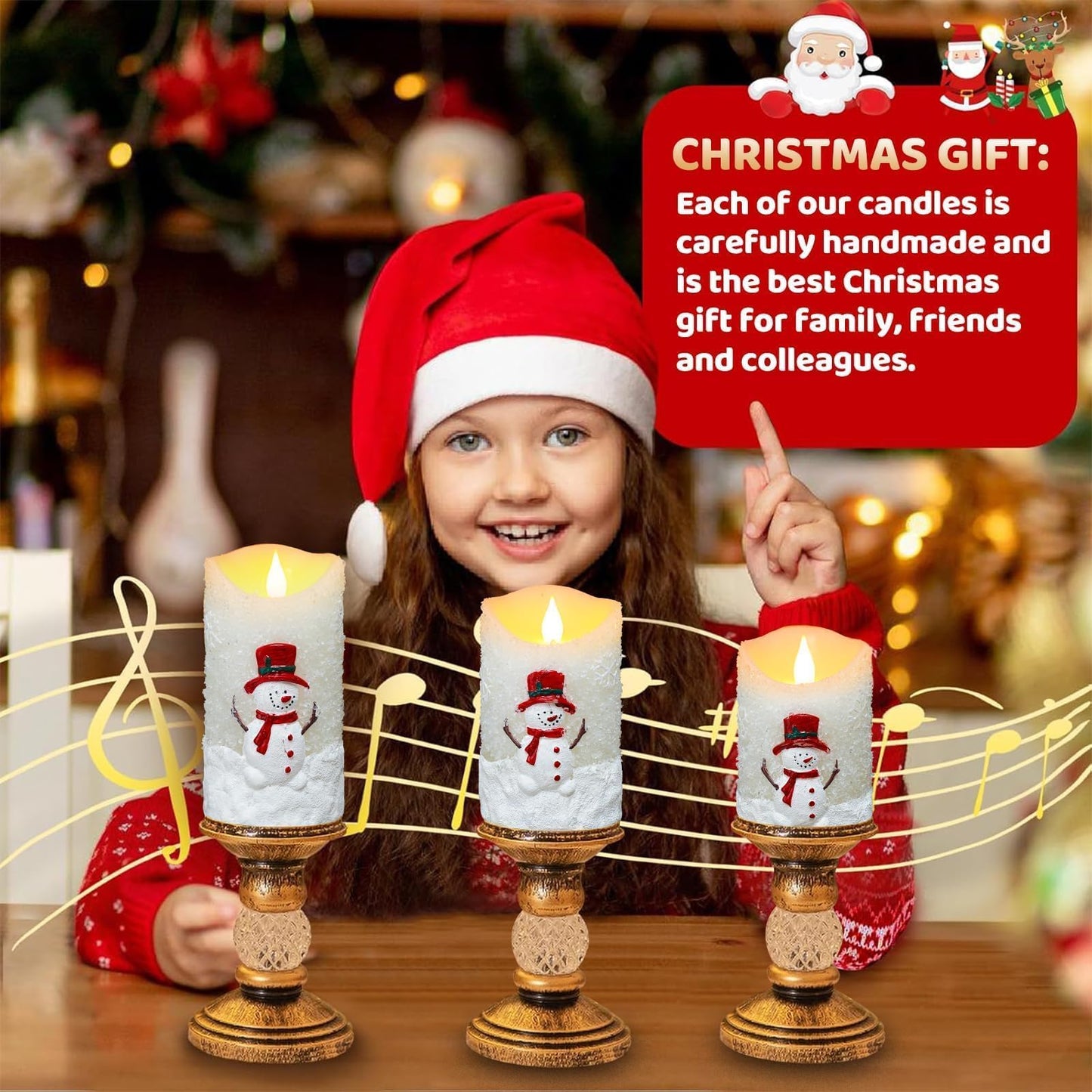 LCZLUMIPRO Snowman Flameless Candles with Remote & Timer - 3 Pcs Winter Battery Operated LED Pillar Candles, Real Wax Electric Candles in Warm White for Christmas Table, Mantel & Home Decor