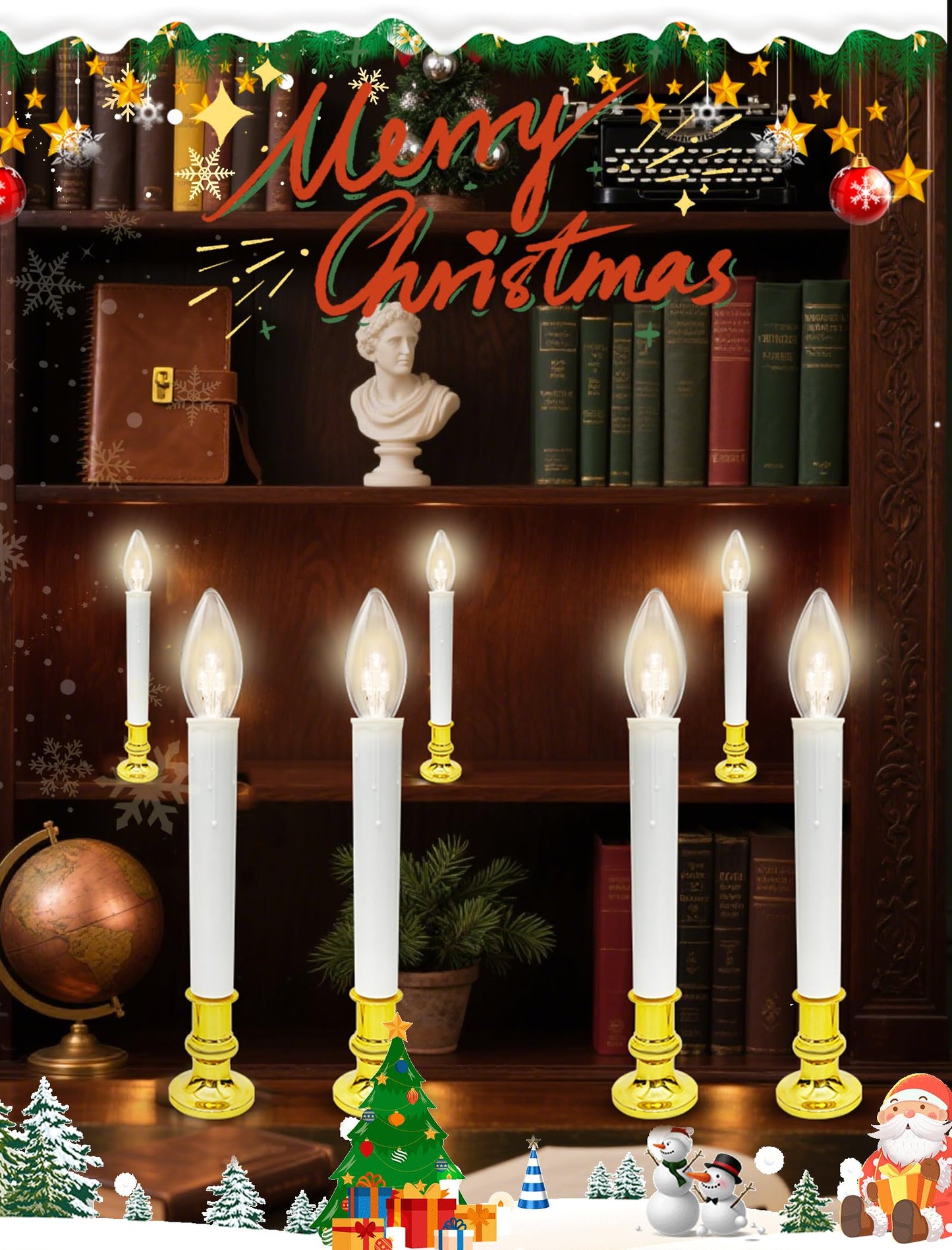 4 Pack Christmas Battery Operated Window Candles with Timer (6-18H), Wireless Window Candle Light with Gold Candlestick Base, C26 LED Bulb Candle Lamp for Home Party Valentines Decor, 4 Suction Cups