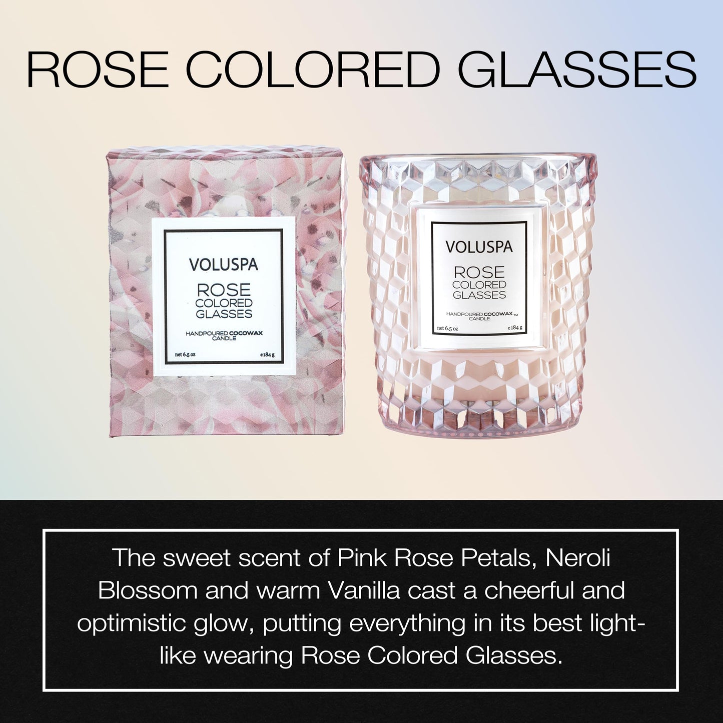 Voluspa Rose Colored Glasses, Classic Candle Jar, 6.5 Ounce, 40 Hour Burn Time, Coconut Wax for Clean Burning, Handcrafted in the USA