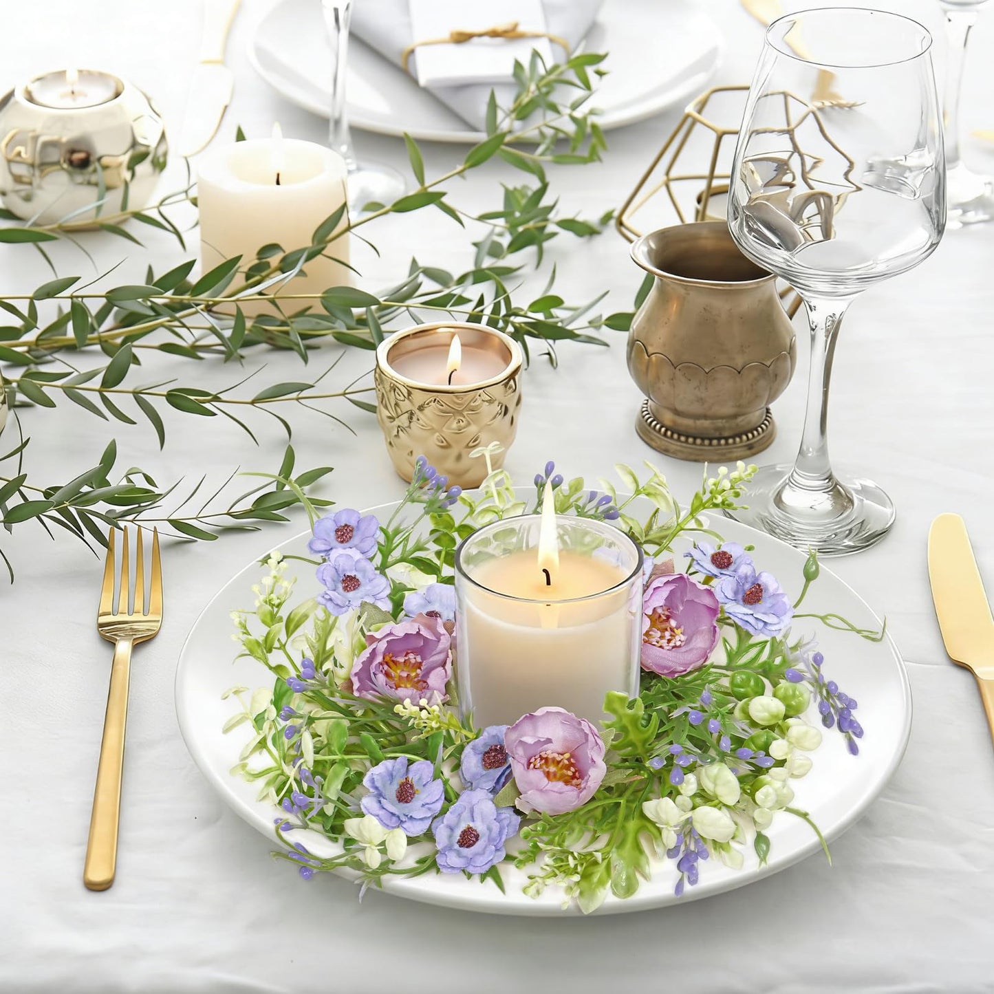 KHOYIME Floral Candle Rings Wreath 4PCS Small Spring Summer Purple Artificial Flowers Greenery Wreaths for Pillars, Mini Candle Holder Kitchen Cabinets Table Centerpieces Wedding Party Farmhouse Decor
