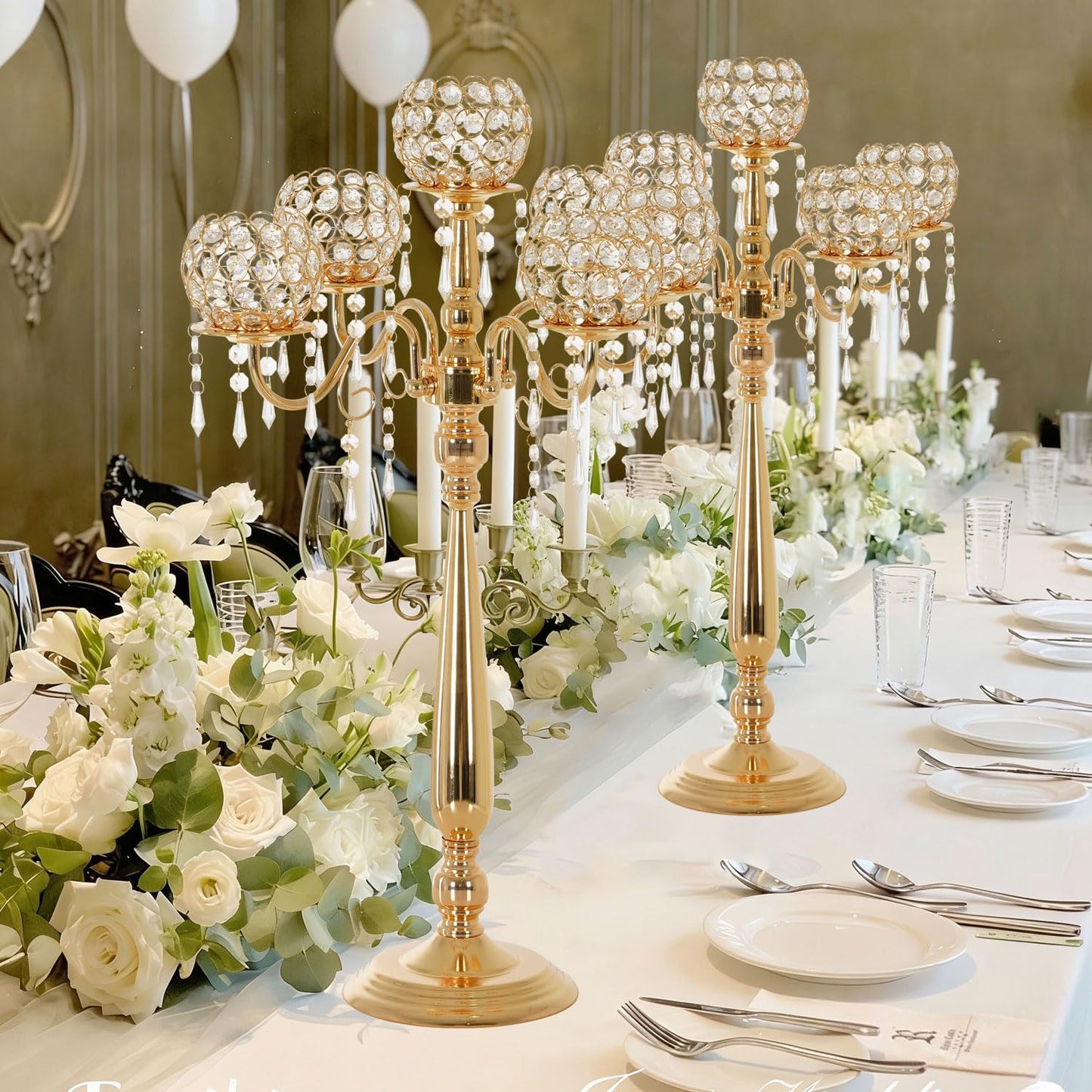 4 Packs 5 Arms Crystal Candelabra for Wedding Centerpiece, Gold Floor Candle Holder Set with Chandelier Crystal Beaded Anniversary Dinner Party Table Decor candelabros de mesa Elegantes Palace Themed