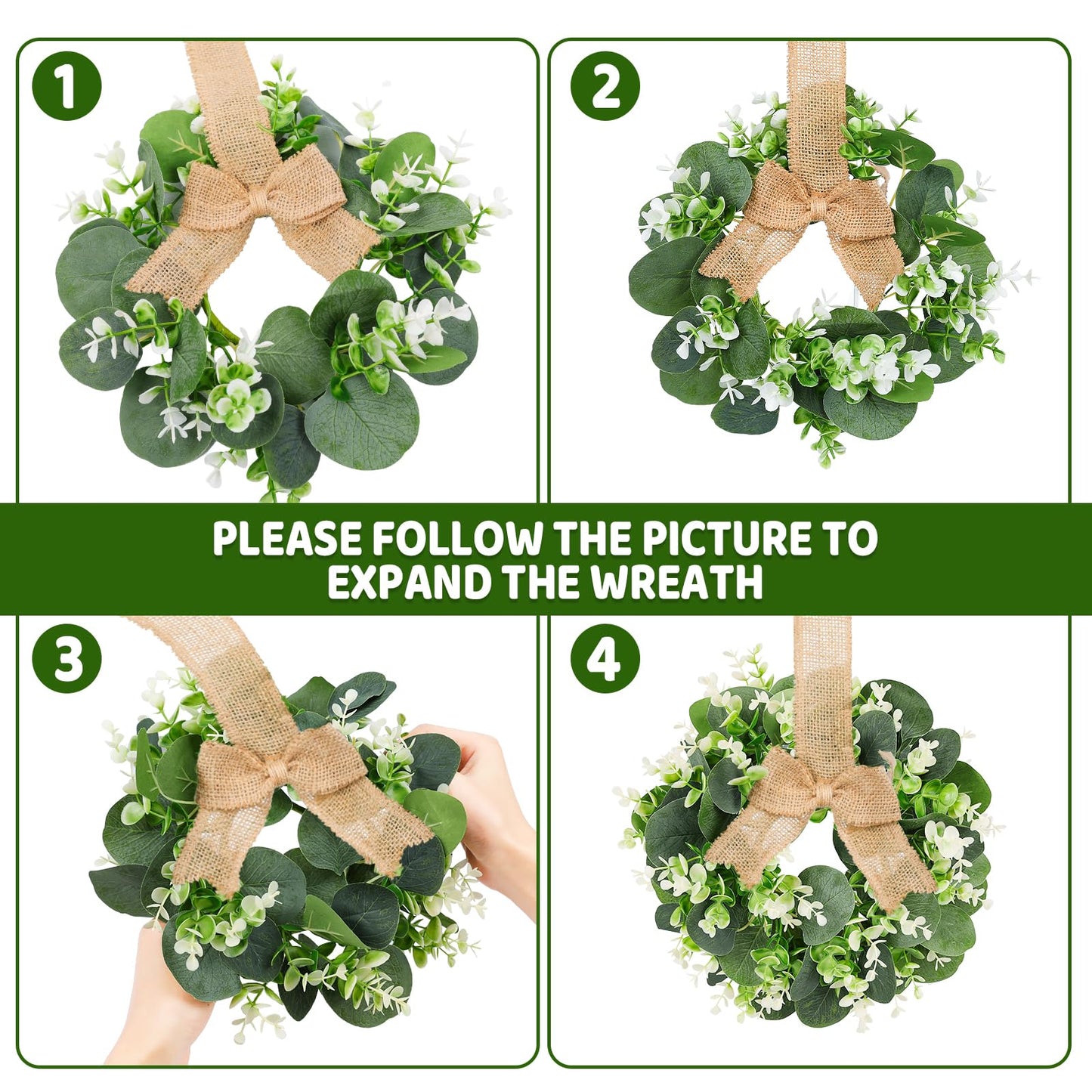 10PCS Eucalyptus Candle Rings Wreaths, Artificial Greenery Faux Kitchen Cabinet Wreath,Spring Wreath with Burlap Ribbon, Pillar Candle Holder Wreath for Porch Wall Window Farmhouse Wall Home Decor
