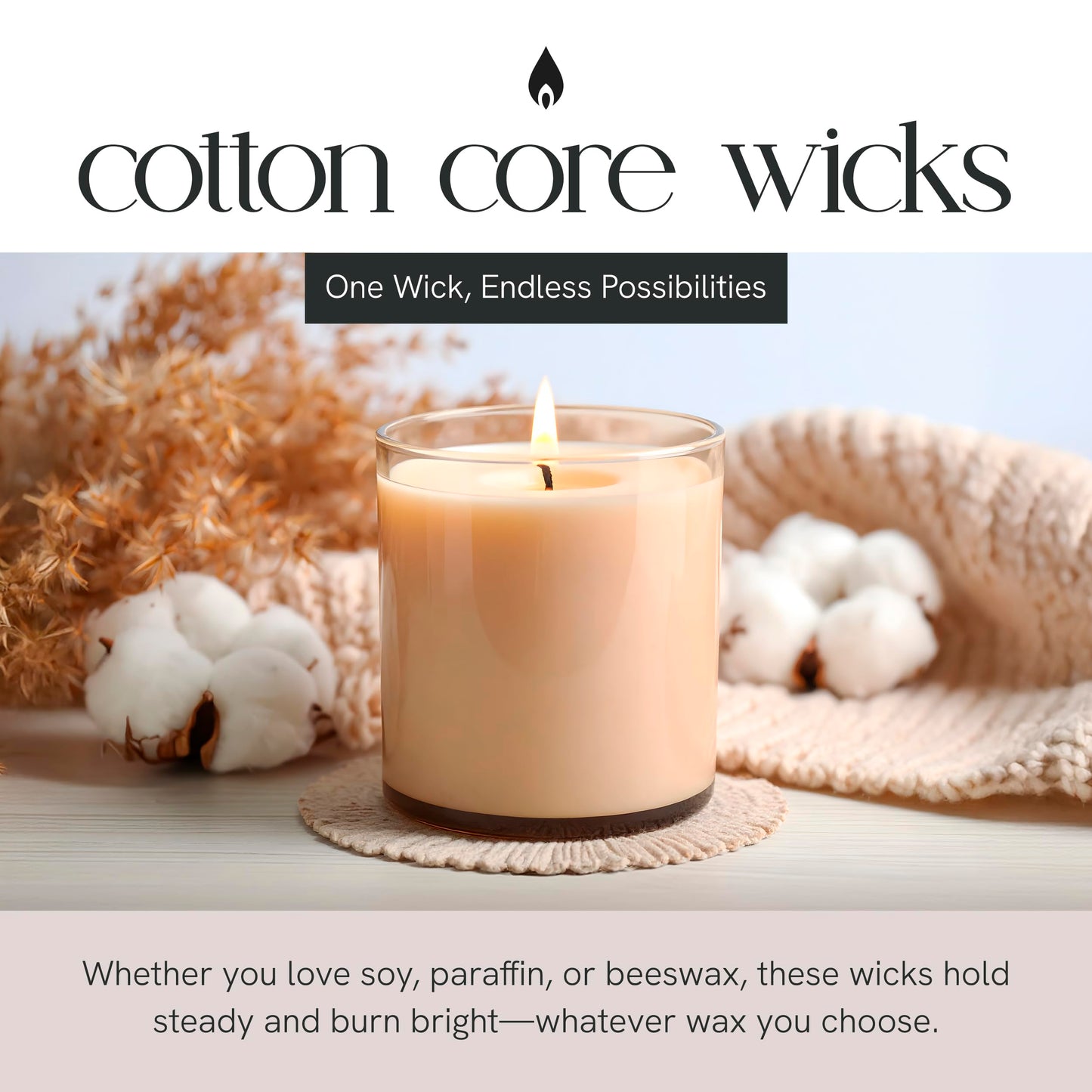 EAP Innovations Cotton Core Candle Making Wicks 6", Ideal for Votives, Pillars, and Containers, All-Fiber Wicks for Candle Making, Steady and Clean Burn, Size 51-36-18C, Pack of 100