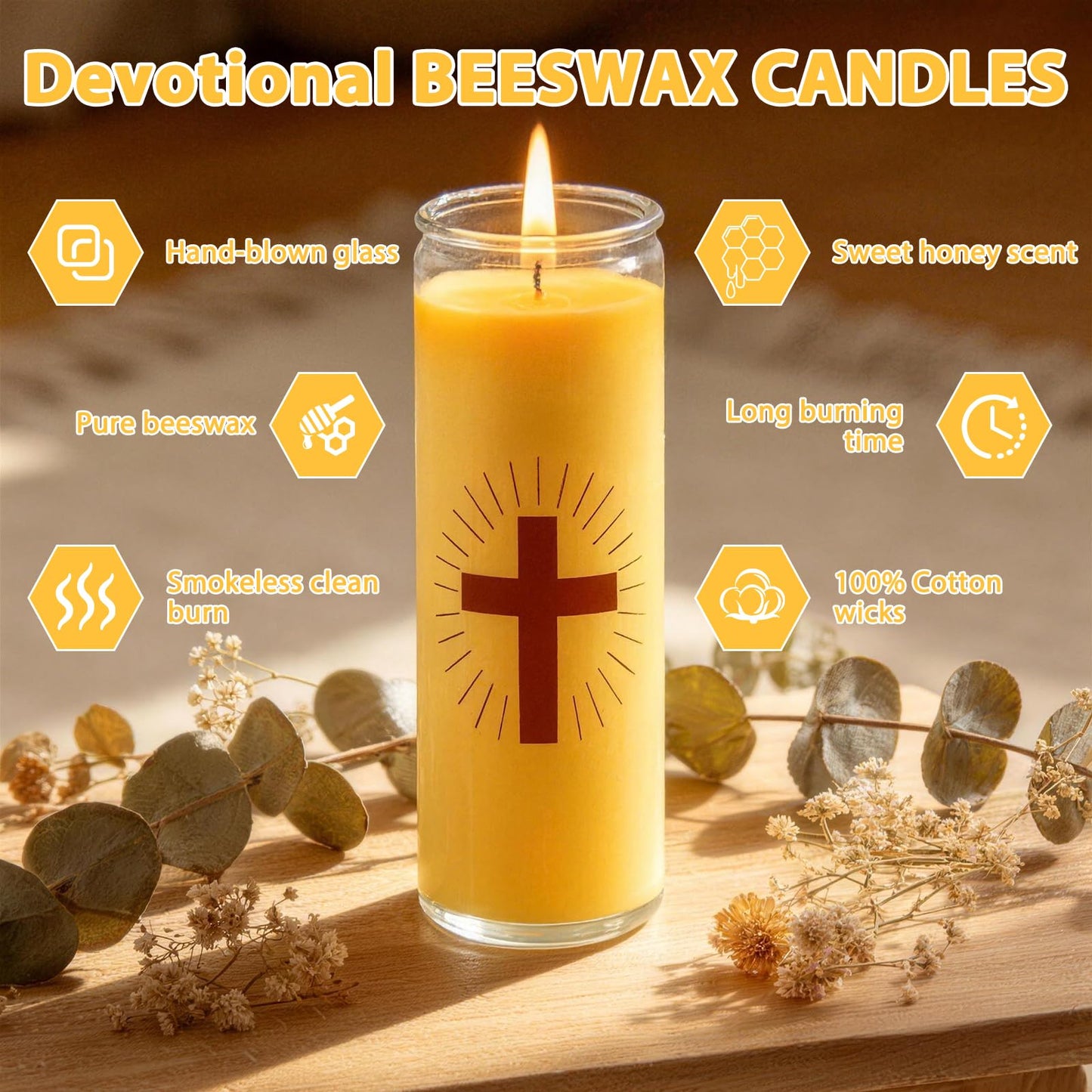 Trxvxo 6 Pack Pure Beeswax Prayer Candles, Devotional Candles in Safe Blown Glass Jars with Cross, Long‑Burning Smokeless Honey Scent Catholic Candles for Vigil, Church & Memorials