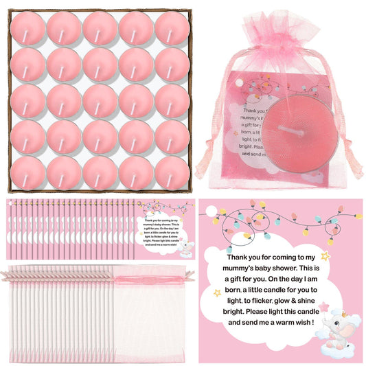 Sosation 50 Sets Baby Shower Candle Favors for Guests 50 Pcs Tea Light Candles 50 Thank Tags and 50 Return Gift Bags for Baby Shower Candles Gender Reveal Party Favors(Pink)