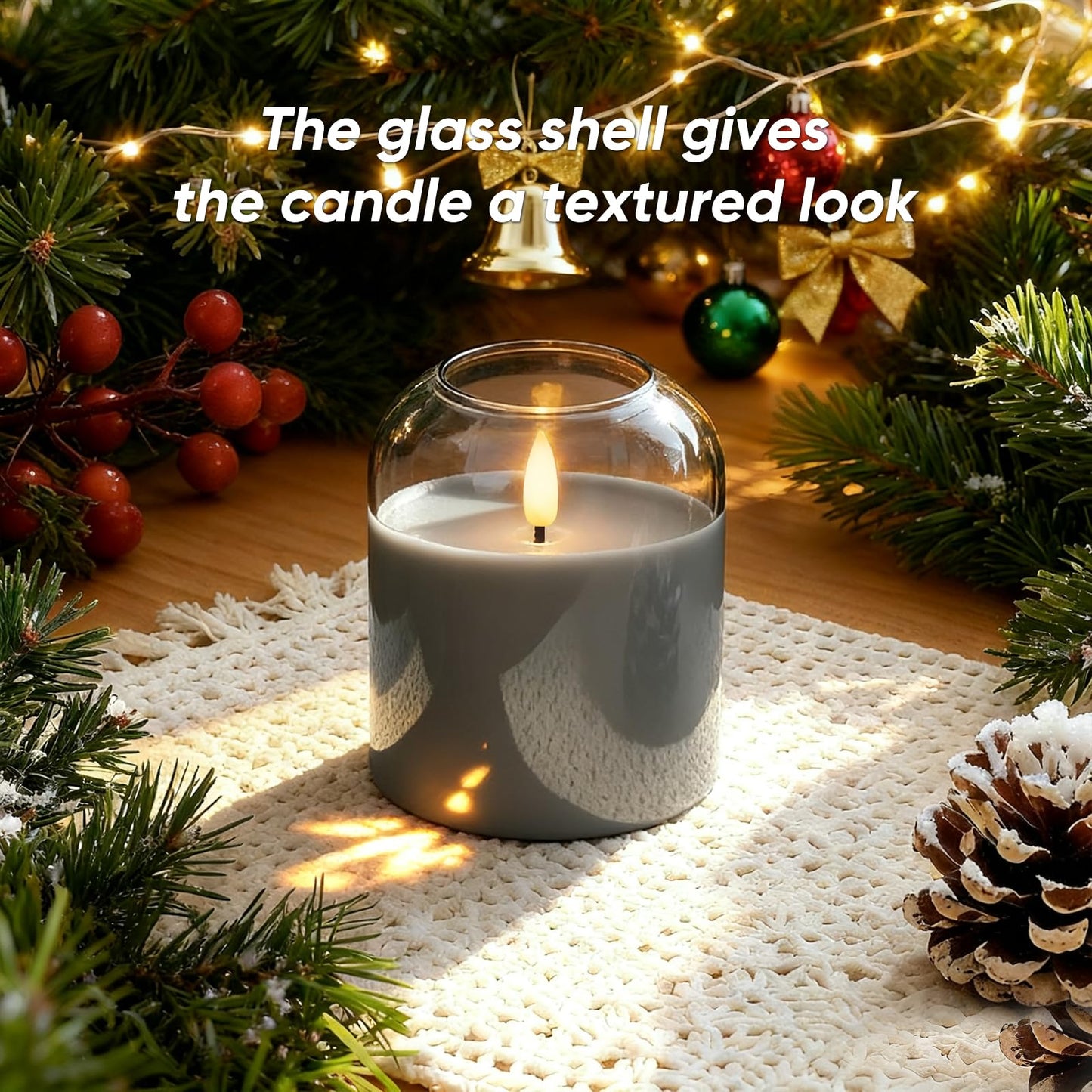 Homemory Glass Flameless Candles, Battery Operated Plliar Candles Realistic Flickering, LED Electric Light with Remote and Timer for Home, Christmas Decoration, Gray, Set of 3