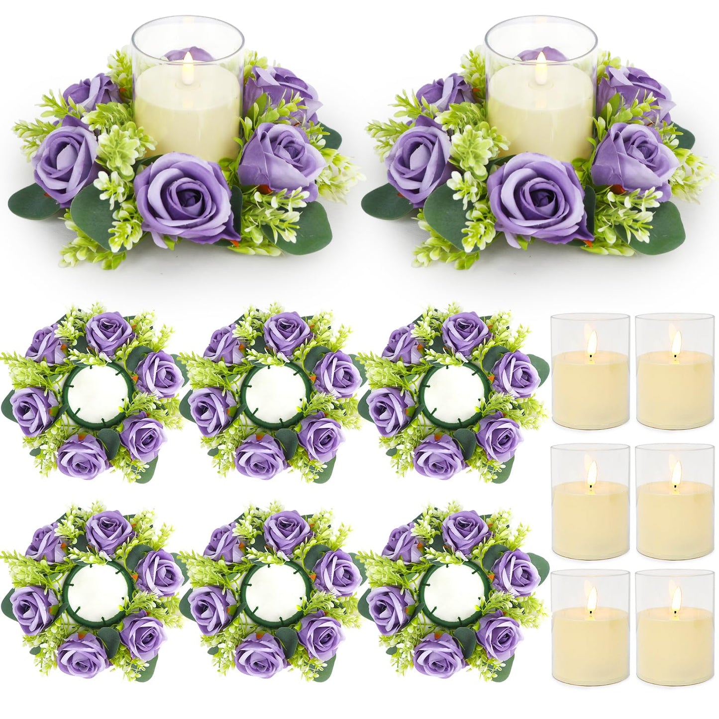 Acmee Purple Rose Candle Rings with Flameless Candles Sets - 12PCS Artificial Flower Eucalyptus Wedding Centerpiece 3 Inch Pillar Candleholders Wreaths for Wedding Party Decor (Purple - 6 Sets)