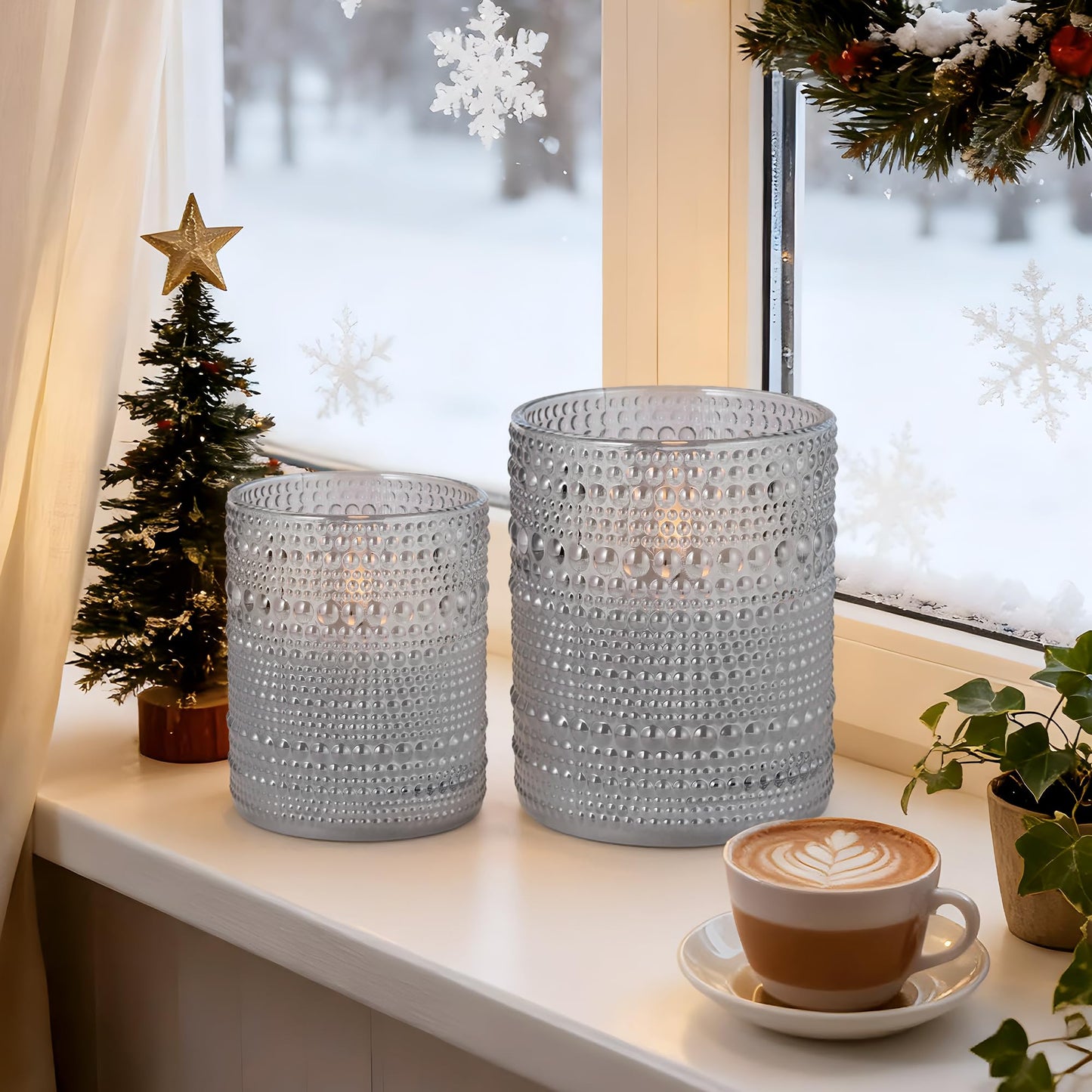 Velsyn Dotted Glass Flameless Candles with Remote Timer, Real Wax Battery Operated LED Pillar Candles with 3D Flickering Flame for Festival Wedding Home Party Decor, 3" x 4", 4" x 5", Set of 2 (Gray)