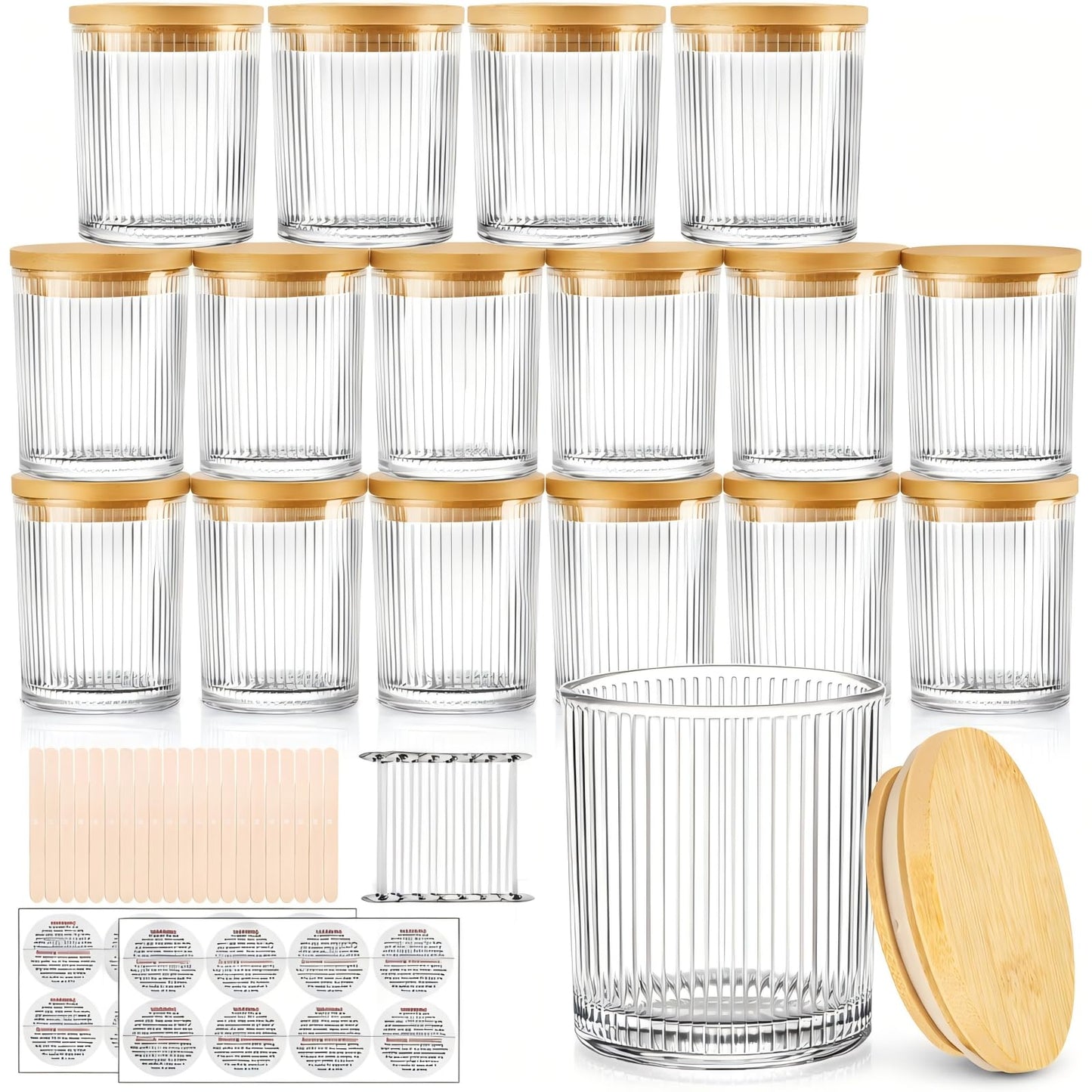 CONNOO 16 Pack 7 OZ Thick Ribbed Glass Candle Jars for Making Candles with Airtight Bamboo Lids, Wicks & Stickers, for DIY Candle Making, Bulk Orders, Gifts & Home Décor, Clear