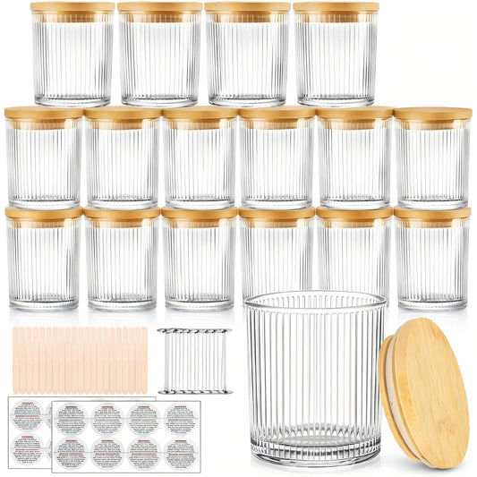 CONNOO 16 Pack 7 OZ Thick Ribbed Glass Candle Jars for Making Candles with Airtight Bamboo Lids, Wicks & Stickers, for DIY Candle Making, Bulk Orders, Gifts & Home Décor, Clear