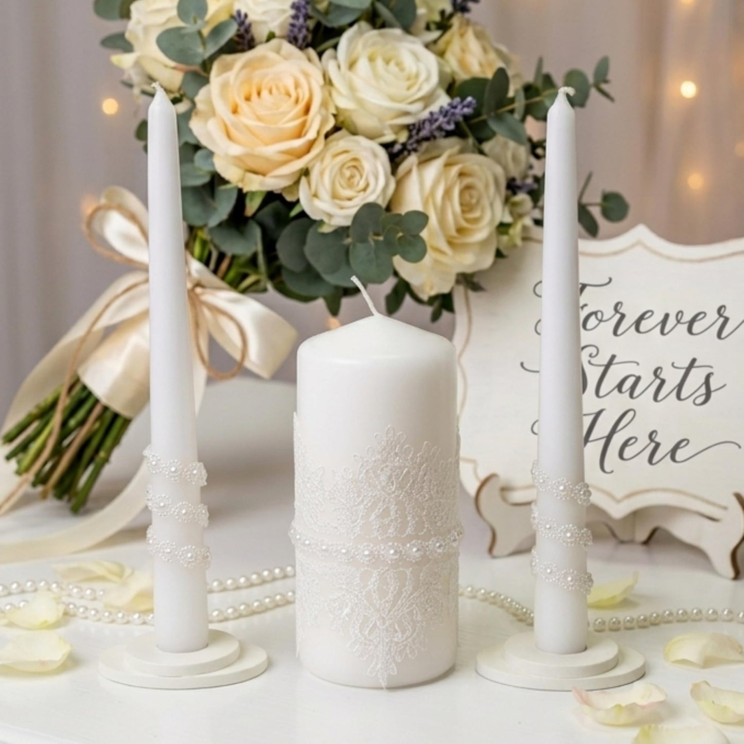 Magik Life Unity Candle Set - Wedding Ceremony & Reception – 6” Pillar & Two 10” Taper Candles – Long Burning Unity Candles for Marriage Ritual – Handmade in USA – White | Lace