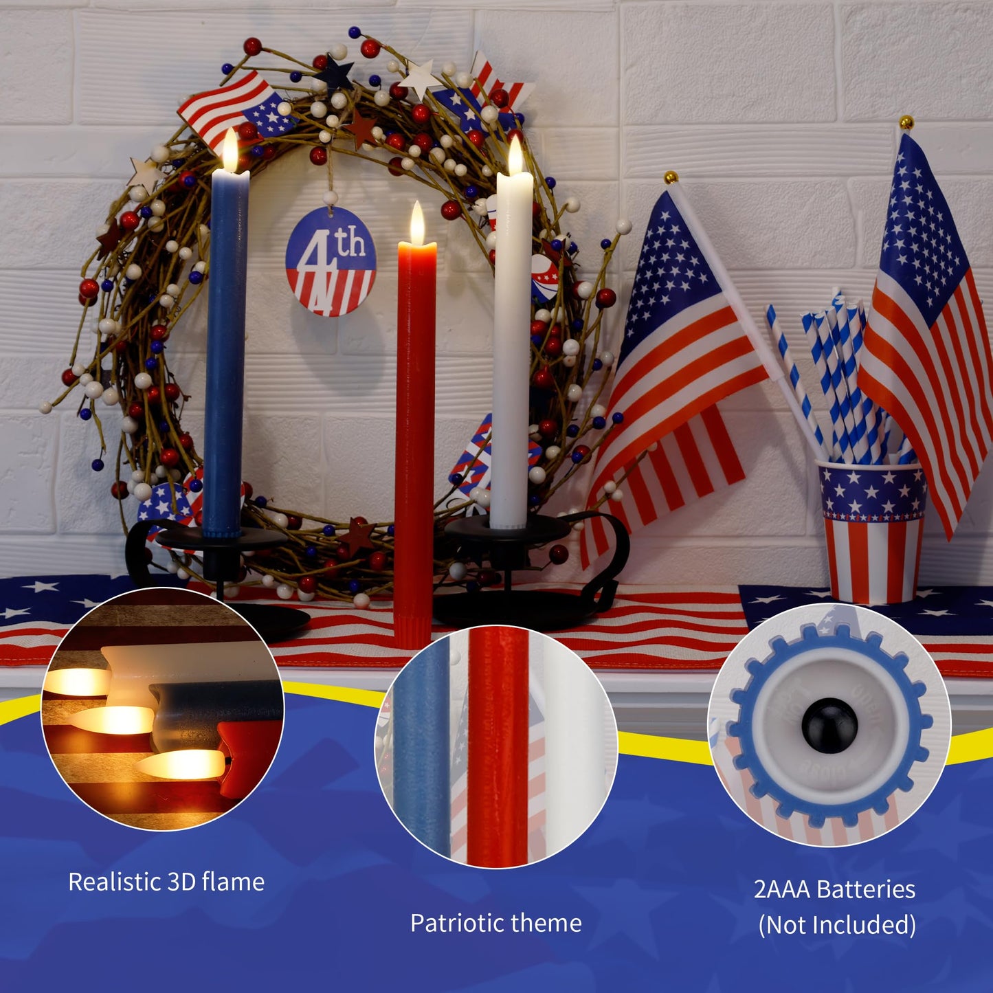 AFINETH Red White and Blue Flameless Taper Candles with Remote, 9.6" Real Wax Patriotic Flameless Candles, Battery Operated 4th of July Candlesticks, Flickering Independence Day Candle Decor, 3 Pack
