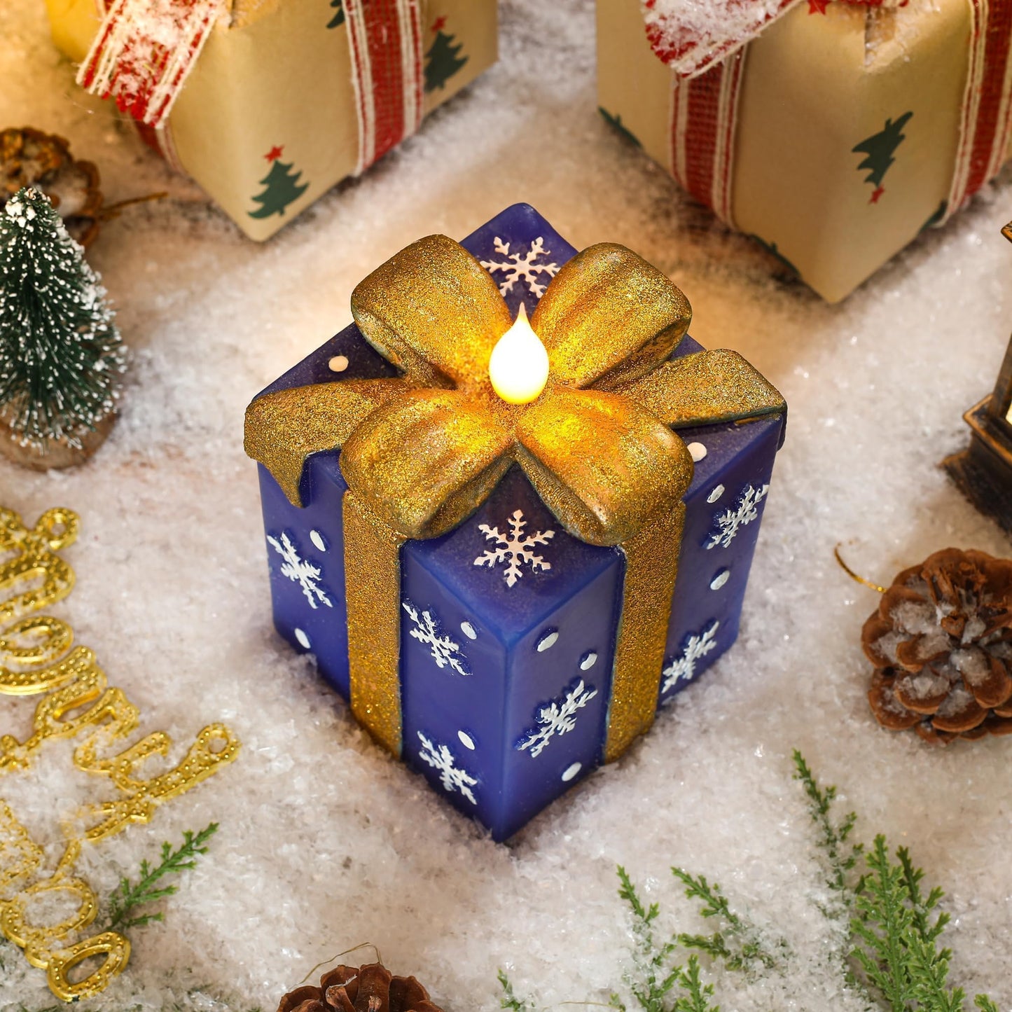 LCZLUMIPRO Christmas Flameless Gift Box Candle Hand-Painted Real Wax LED Candle with Remote Timer Battery Operated Blue Gold Decor for Xmas Tree Skirt Ornament Table Outdoor Indoor Holiday