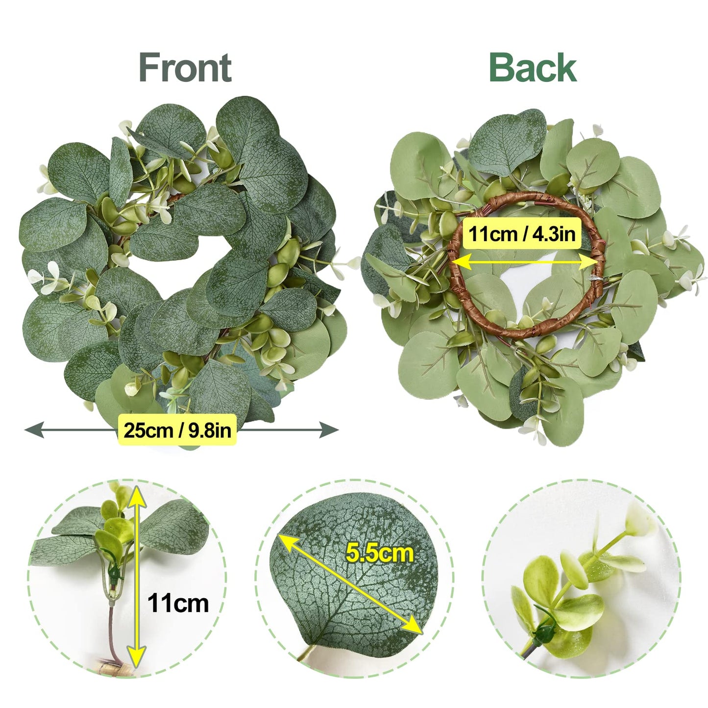 IWNTWY 6Pcs Candle Rings, Artificial Eucalyptus Wreath Candles Wreaths, Small Greenery Farmhouse Wreath for Door Wedding Centerpieces Home Party Table Decor, 4" ID / 9.8" OD