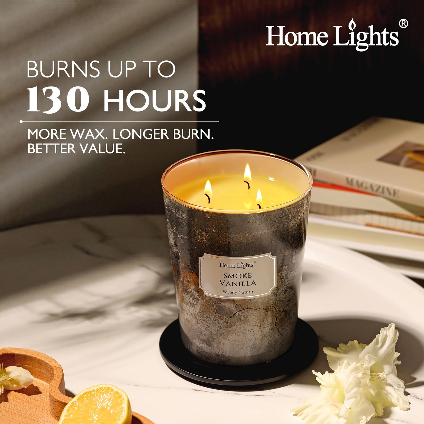 HomeLights Large jar Candle | 3-Wick Long-Lasting Scented Candles, 34oz Natural Soy Wax Candle for Home Scented, Industrial Chic Gifts for Women & Men, Smoke Vanilla