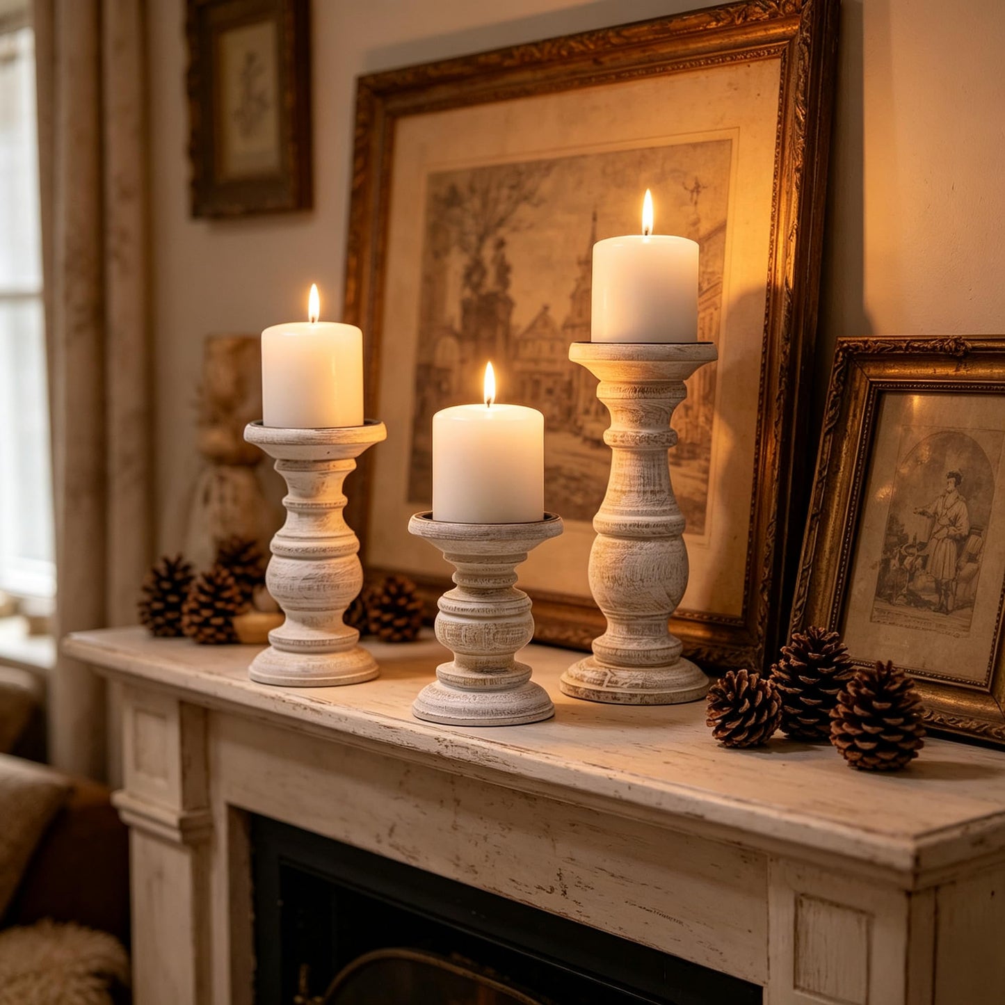 Hosley Set of 3 Whitewashed Wooden Pillar Candle Holders – 10”, 8”, and 6” Heights – Ideal for LED and Pillar Candles, Weddings, Parties, Home Décor, Spa, Reiki, and Aromatherapy