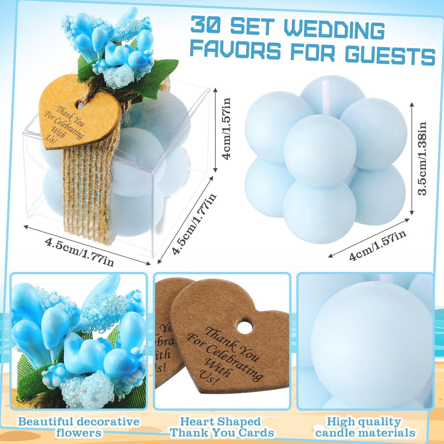 MTLEE Mini Bubble Candles Wedding Favors Gifts for Guests 1.57" x 1.38" Bubble Candles with Cards Dried Flowers DIY Gift Set for Baptism Party Bridal Shower Thank You Gifts(Blue,30 Sets)