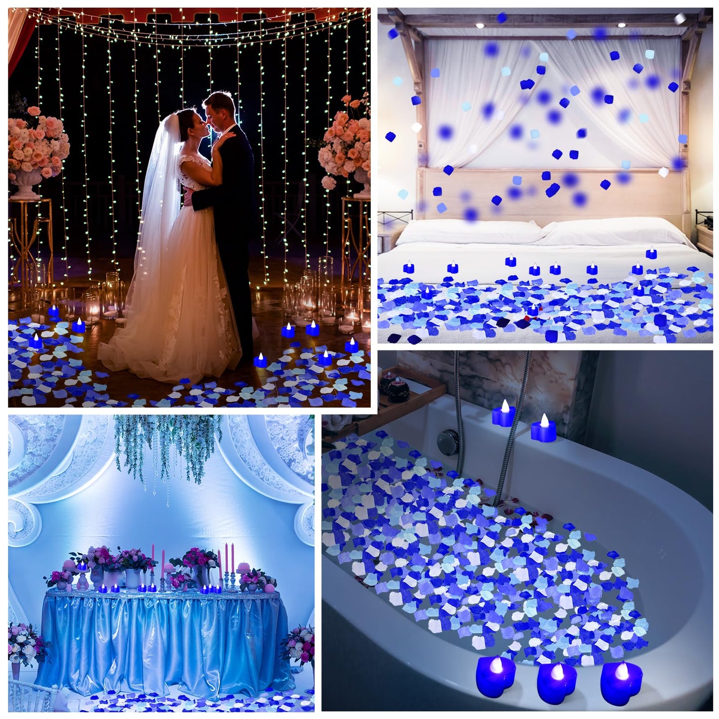 Honoson 1000 Pieces Artificial Rose Petals with 24 Pcs Flameless Heart Shaped LED Tealights Candles Special Romantic Night Decorations for Proposal Wedding Anniversary Table Decor(White with Blue)