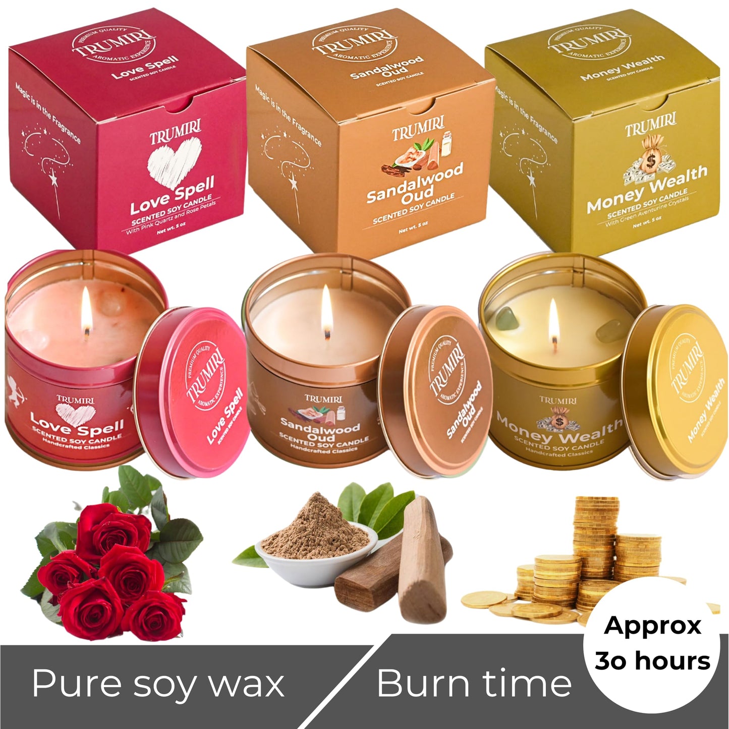 Love Spell, Money Wealth, Sandalwood Oud - Soy Candles Non Toxic - Highly Scented Long Lasting with Essential Oils - Variety Pack of 3 x 5oz - for Home Aromatherapy Meditation Gift Travel