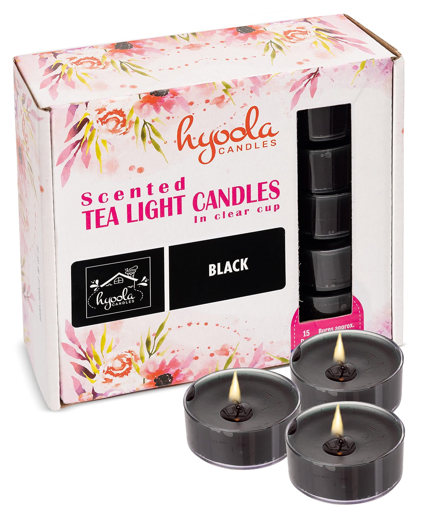 HYOOLA Scented Tealight Candles - Clear Cup - Black Tealight Candles Scented - 6 Hour Burn Time - 15 Pack - European Made