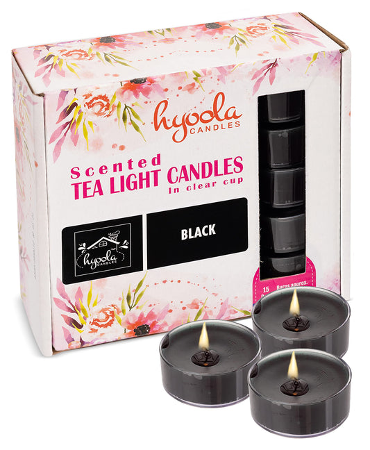 HYOOLA Scented Tealight Candles - Clear Cup - Black Tealight Candles Scented - 6 Hour Burn Time - 15 Pack - European Made
