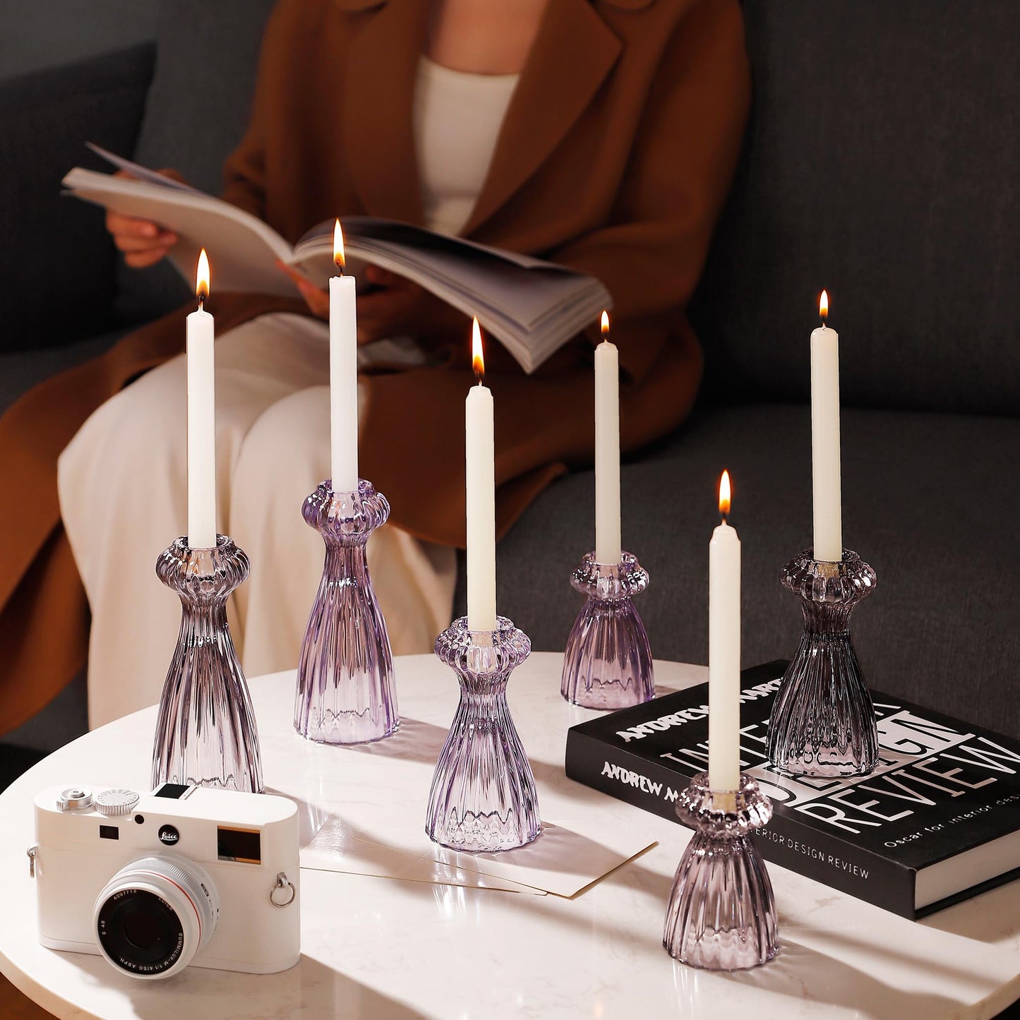Lysenn Glass Candle Stick Holder Set of 3 – Premium Taper Candle Holders for Romantic Ambiance - Candle Sticks Holder Decor for Special Occasions - Purple