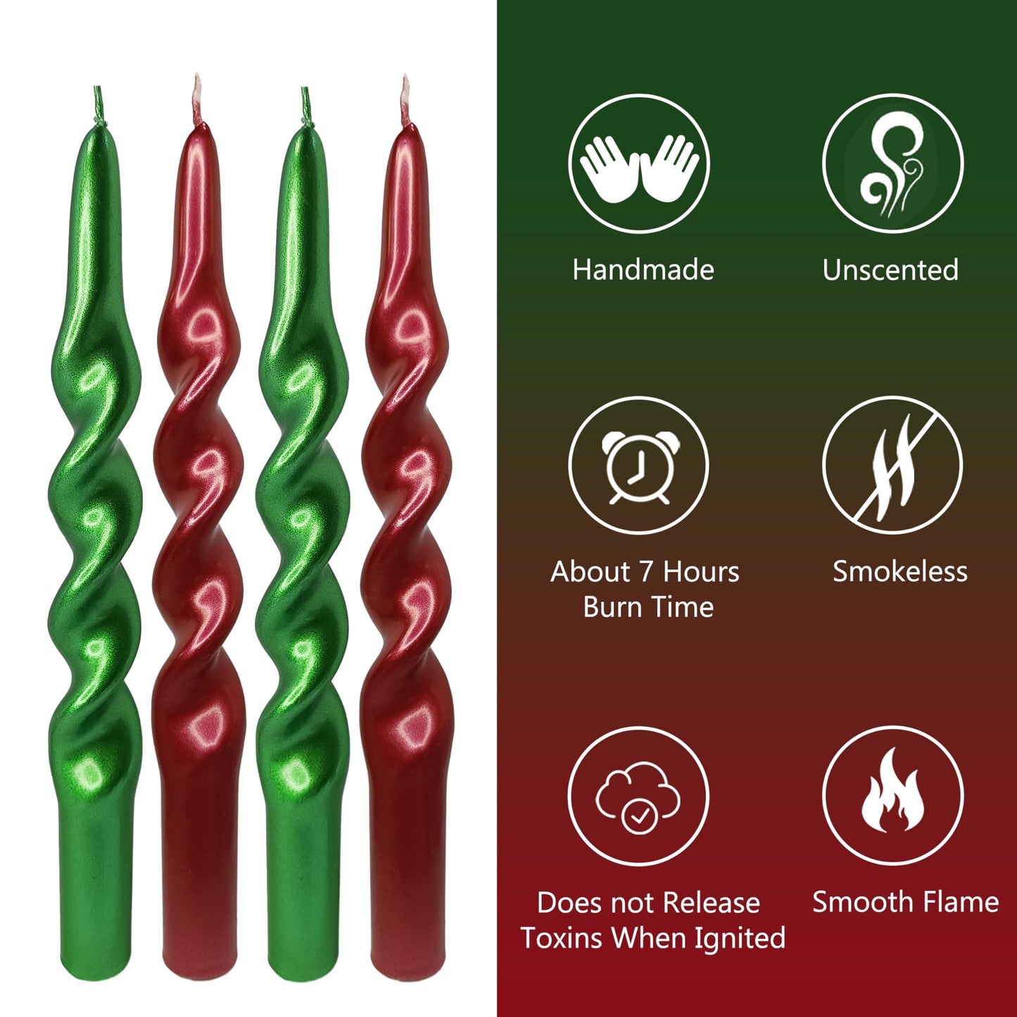 Metal Red Green Spiral Taper Candles Set of 4, 10 Inch Handmade Candle Stick, Unscented Twisted Candles, Tapered Candles for Wedding Christmas Home Decor