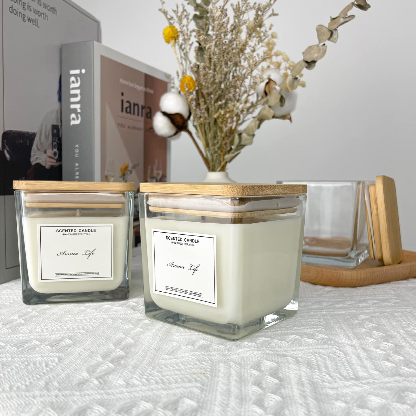 Creahaus 9-Pack Thick Glass Square Candle Jars with Bamboo Lids - 10oz Capacity with Warning Labels - DIY Candle Vessels