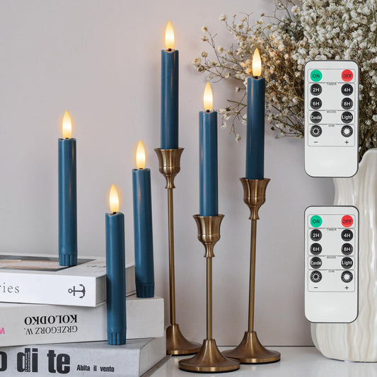AFINETH Blue Flameless Taper Candles with Remote, Short Battery Operated LED Candles, 6.4inch Flickering Flameless Candlesticks for Table Centerpiece, Wedding, Mantel, Window Decor, Set of 6