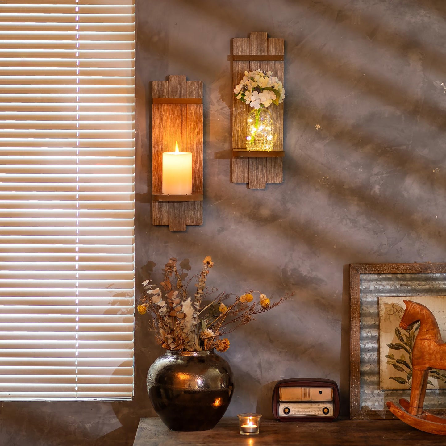 Wall Candle Holder for Farmhouse: Wood Floating Shelves Candle Sconces Wall Decor Set of 2 - Distressed Candle Holders for Small Vase Pillar Candles Tealight