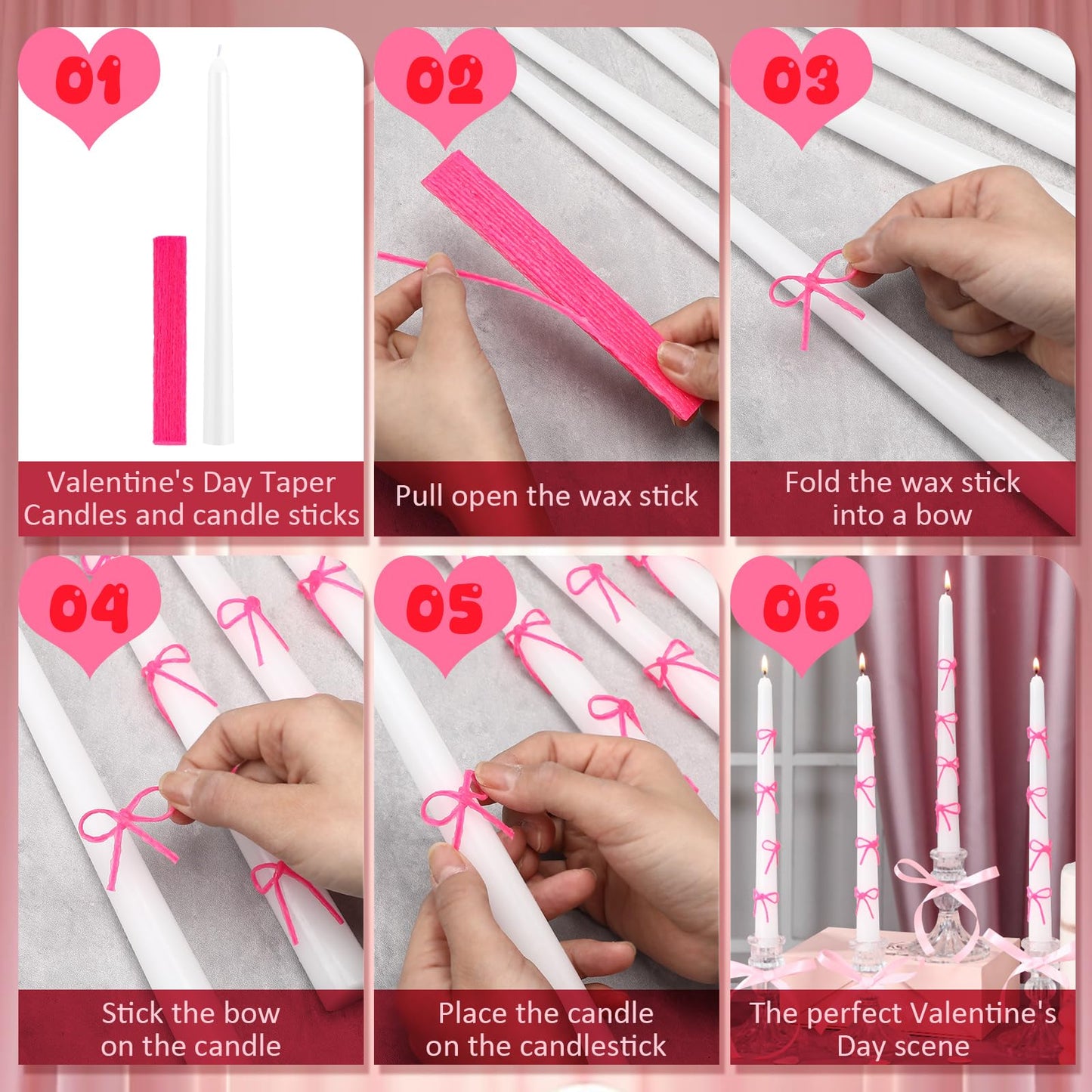 Conelist 12 Set Pink Bow Taper Candles Coquette Birthday Decoration Candles White Candlesticks with Wax Stick for Bridal Shower Wedding Dinner Decorations for Birthday Anniversary Party