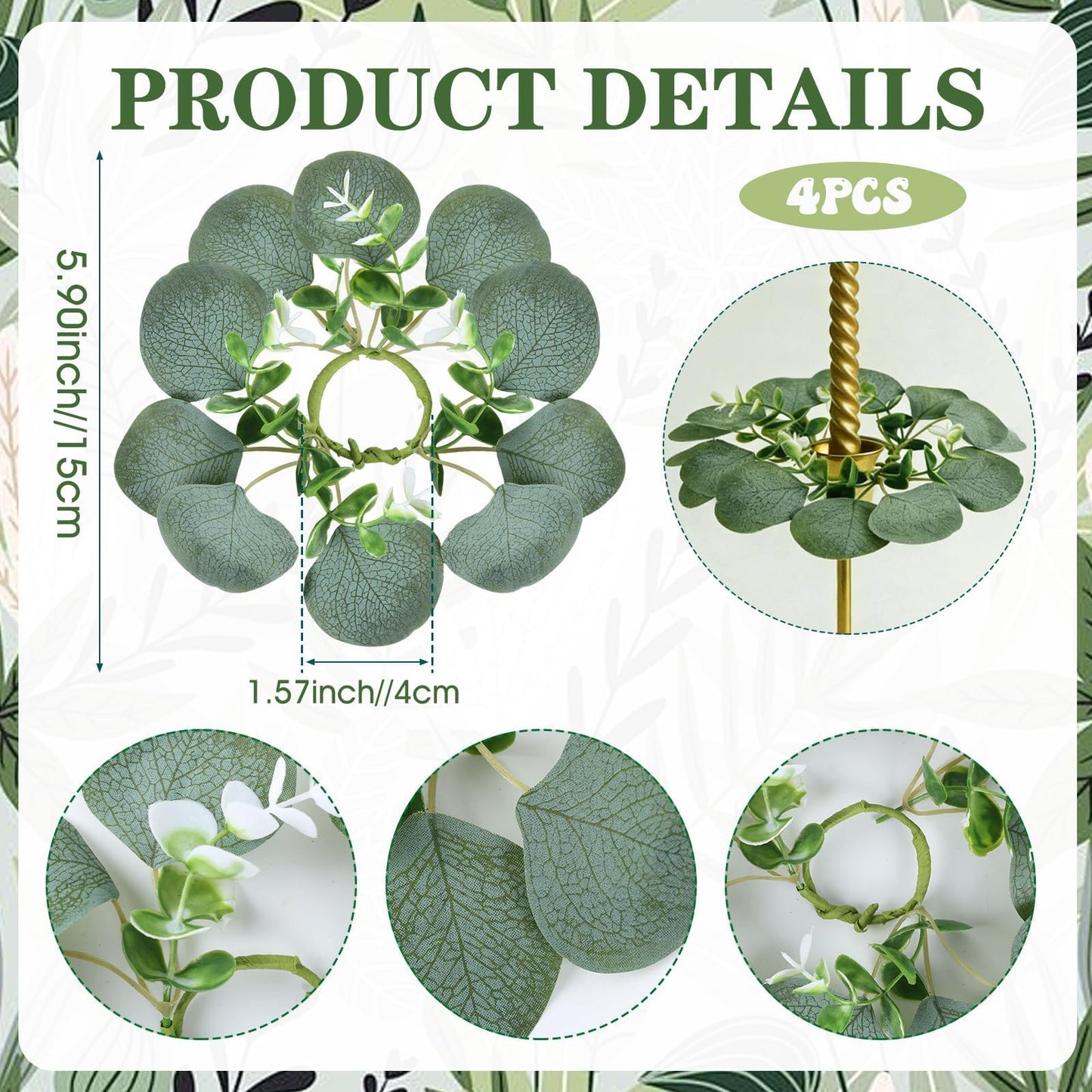 4 PCS Artificial Eucalyptus Taper Candle Rings Wreaths 1.38" Mini Spring Summer Greenery Taper Candle Holder Wreaths Green Rings Table Centerpieces Wreath for Church Farmhouse Home Candlesticks Decor