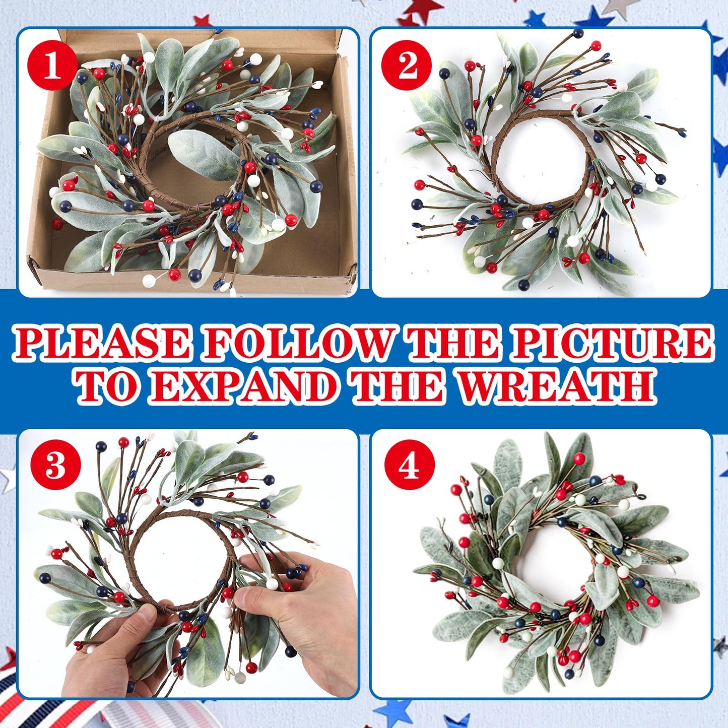 4 PCS Patriotic 4th of July Candle Rings Wreaths Independence Day Candle Rings Holder with Red White Blue Berries & Lamb's Leaves Mini Memorial Day Labor Day Wreath for Home Table Centerpiece Decor