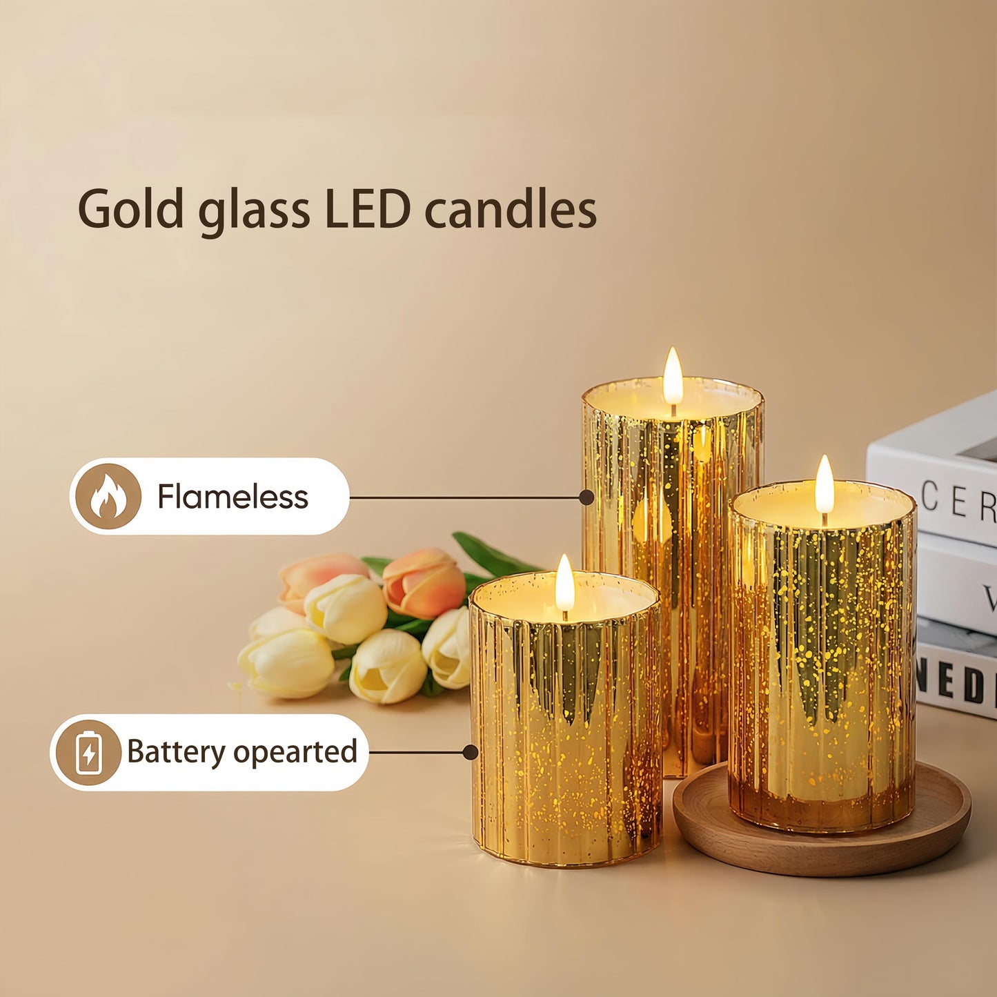 volnyus Gold Glass Flameless Candles Set - 3 Pack(Φ 3" H 4" 5" 6") with Remote,Battery Operated Flickering LED Pillar Candles,Starscape LED Night Lights for Christmas,Home Decor