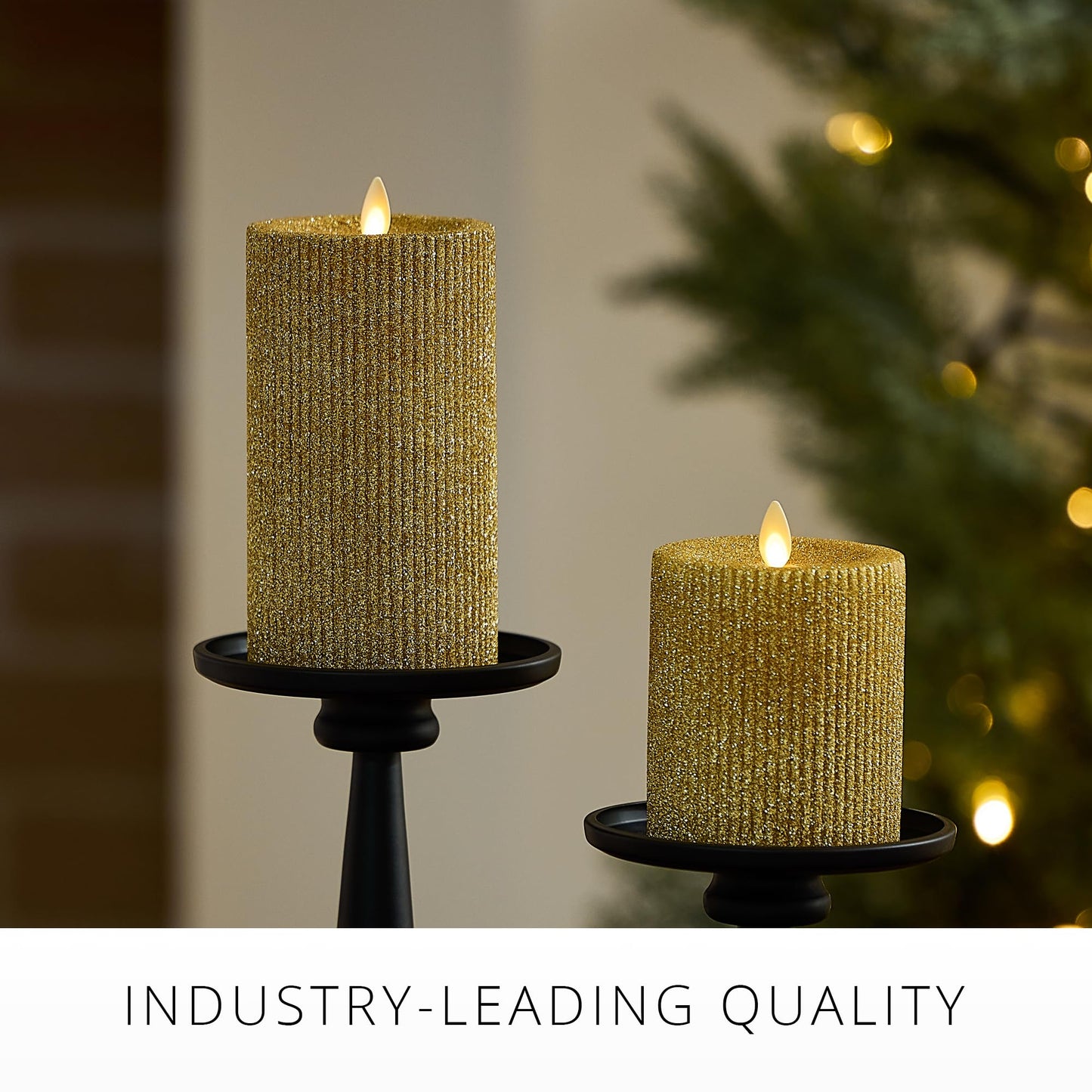 Luminara Rich Gold Glitter Ribbed Flameless LED Candle Moving Flame Pillar, Real Wax, Flat Top, Timer (3.25" x 4.5")