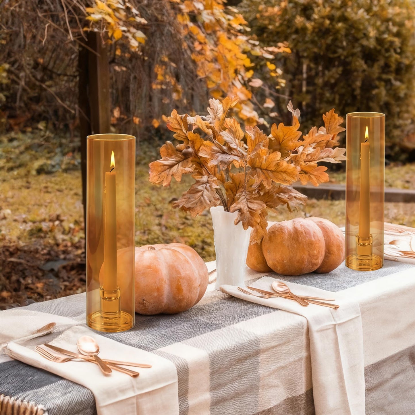 Vixdonos Glass Hurricane Candle Holder Set of 3 Modern Candlestick Holders Long Taper Candle Stand with 11.8 inch Tall Cylinder Windproof Cover for Wedding Party Table Centerpiece Outdoor
