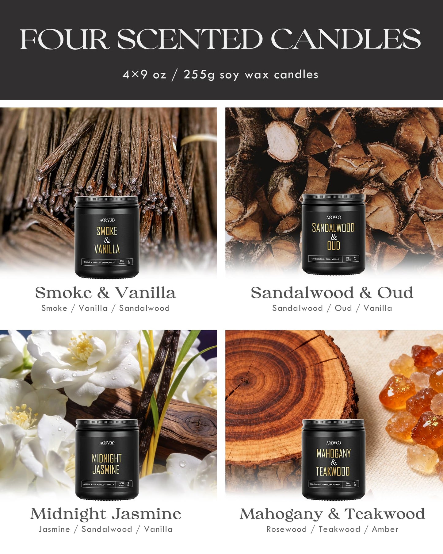 AOOVOO Scented Candles for Men - 4 Pack Candles for Home Scented, 36oz Soy Wax, 200 Hour Burn Time, Men Candle Set, Sandalwood Oud/Mahogany Teakwood/Smoke Vanilla/Jasmine Candle Set A