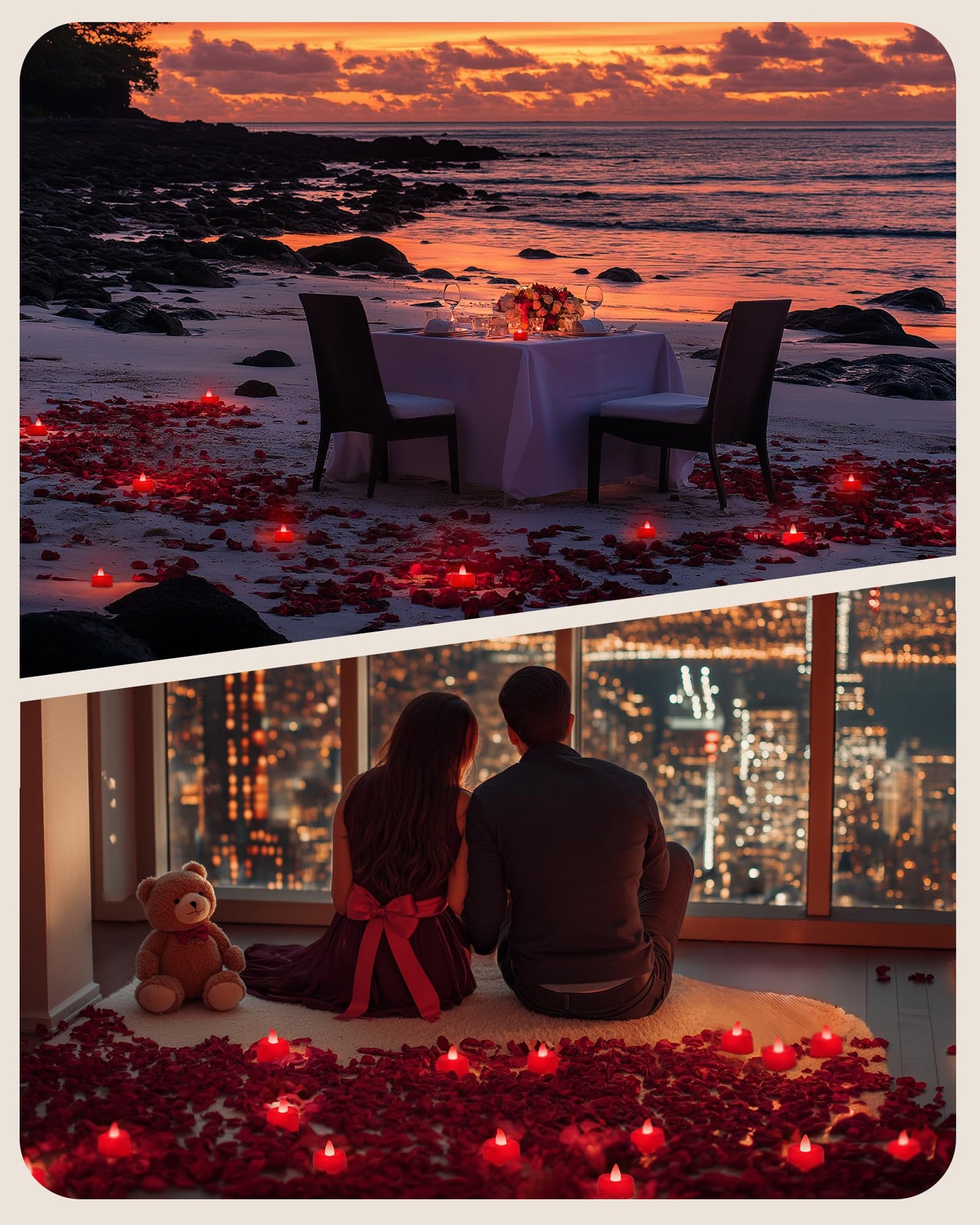 Amagic 1000 Pieces Red Artificial Rose Petals with 12 Red Heart LED Tea Lights, Rose Petals and Candles Set for Proposal, Anniversary, Romantic Night, Wedding Decor