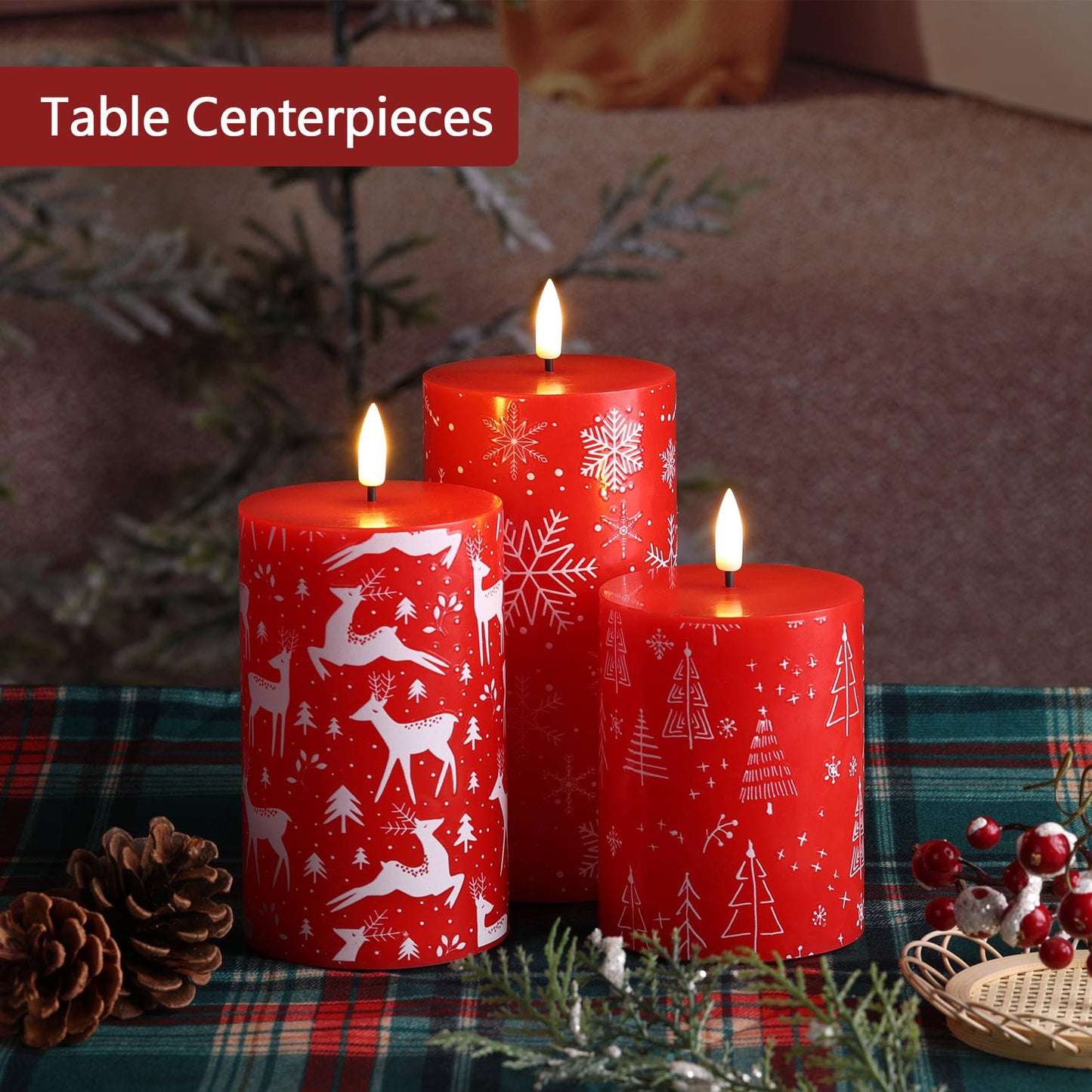 Eywamage Red Christmas Flameless Pillar Candles with Remote, Reindeer Snowflakes Tree LED Battery Candles Holiday Decor Gift Set of 3