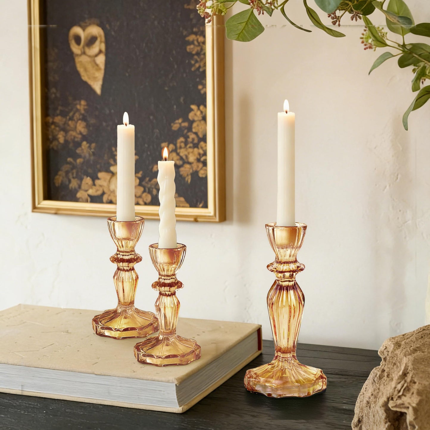 CHOCSTAY Glass Candlestick Holders Set of 3, Amber Stripe Taper Candle Holders for Table Centerpiece, Home Decorations, Wedding and Party