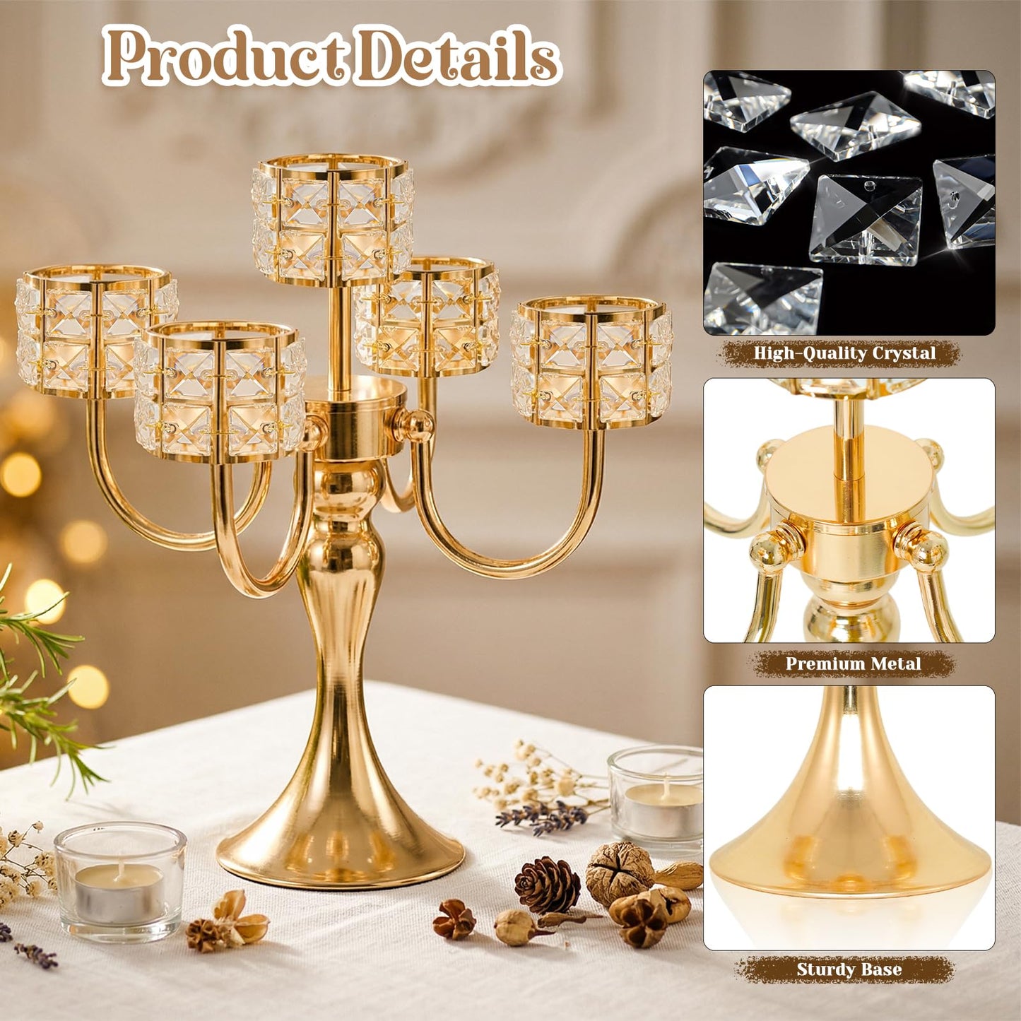 5 Arm Metal Crystal Candelabra Centerpiece - 13.4 Inch Elegant Candle Holder with Crystal Beads for Wedding Party Christmas Home Dining Table Decoration (2, Style-B-Gold)