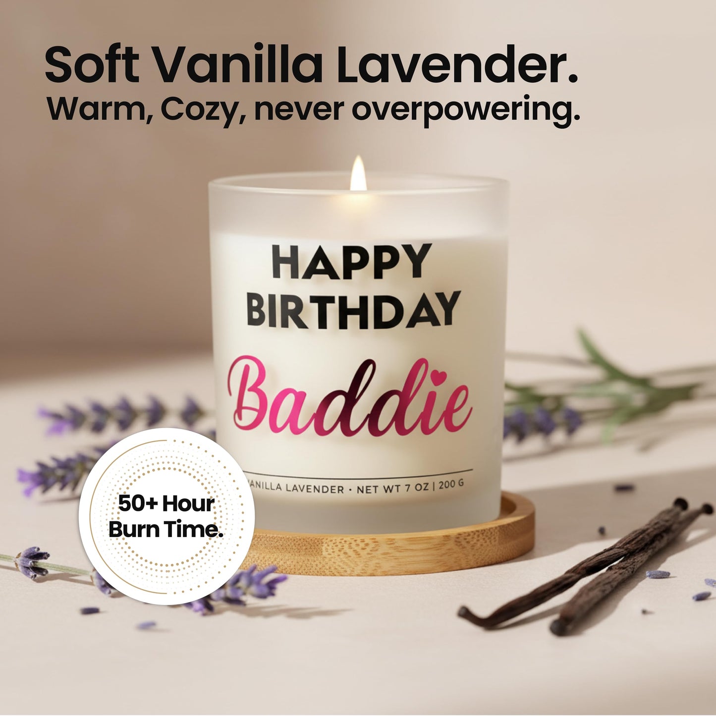 Best Friend Birthday Gifts for Women – Happy Birthday Baddie Soy Candle Gift Set, Vanilla Lavender, 50+ Hour Burn, Ready to Gift Box by Wick and Wit