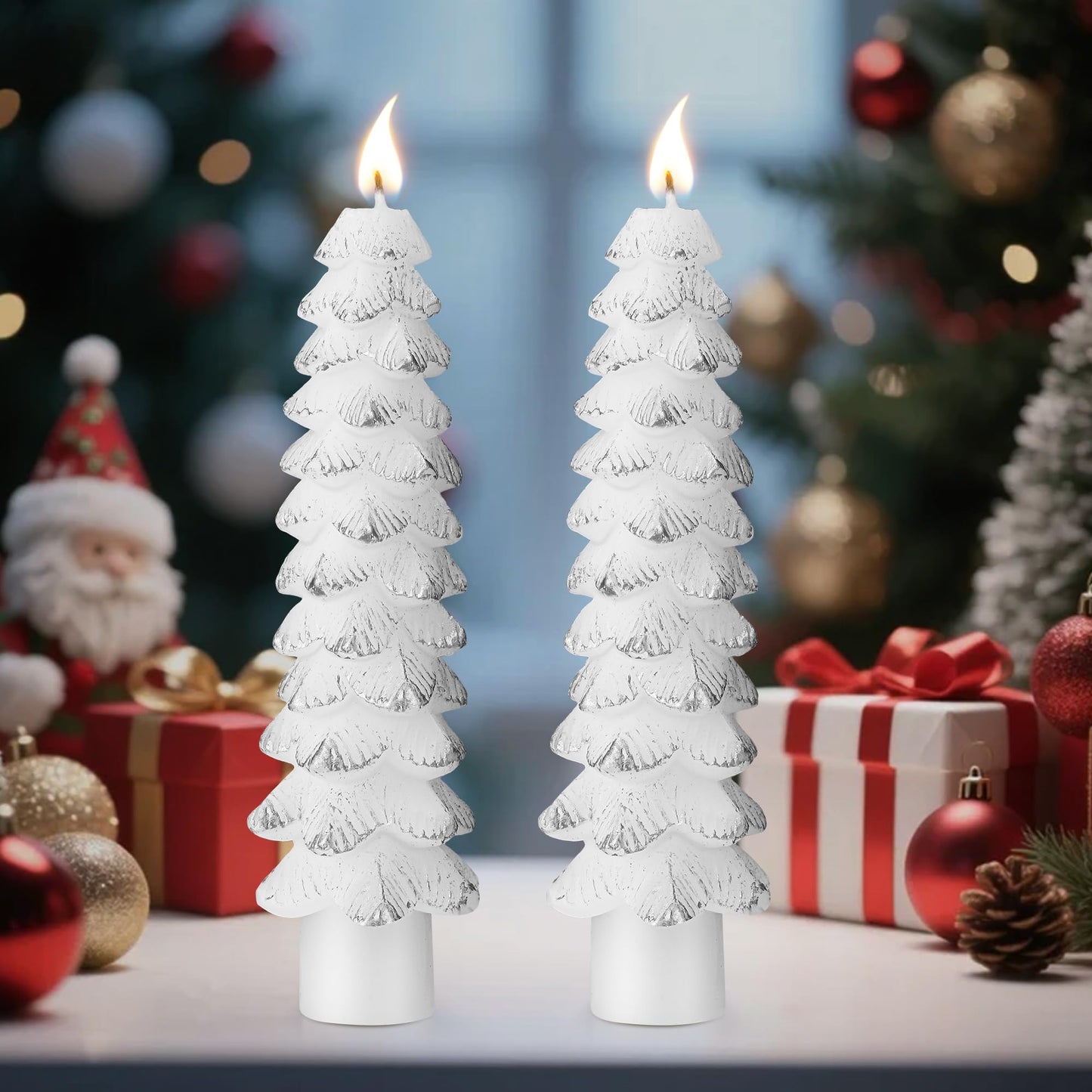 Ceoighe 2 Pack Christmas Tree Candles, 5 Inch Unscented Tree Shaped Taper Beeswax Candles for Christmas Holiday Decor Table Centerpiece Display Party Banquet Gift (White with Silver Trim)