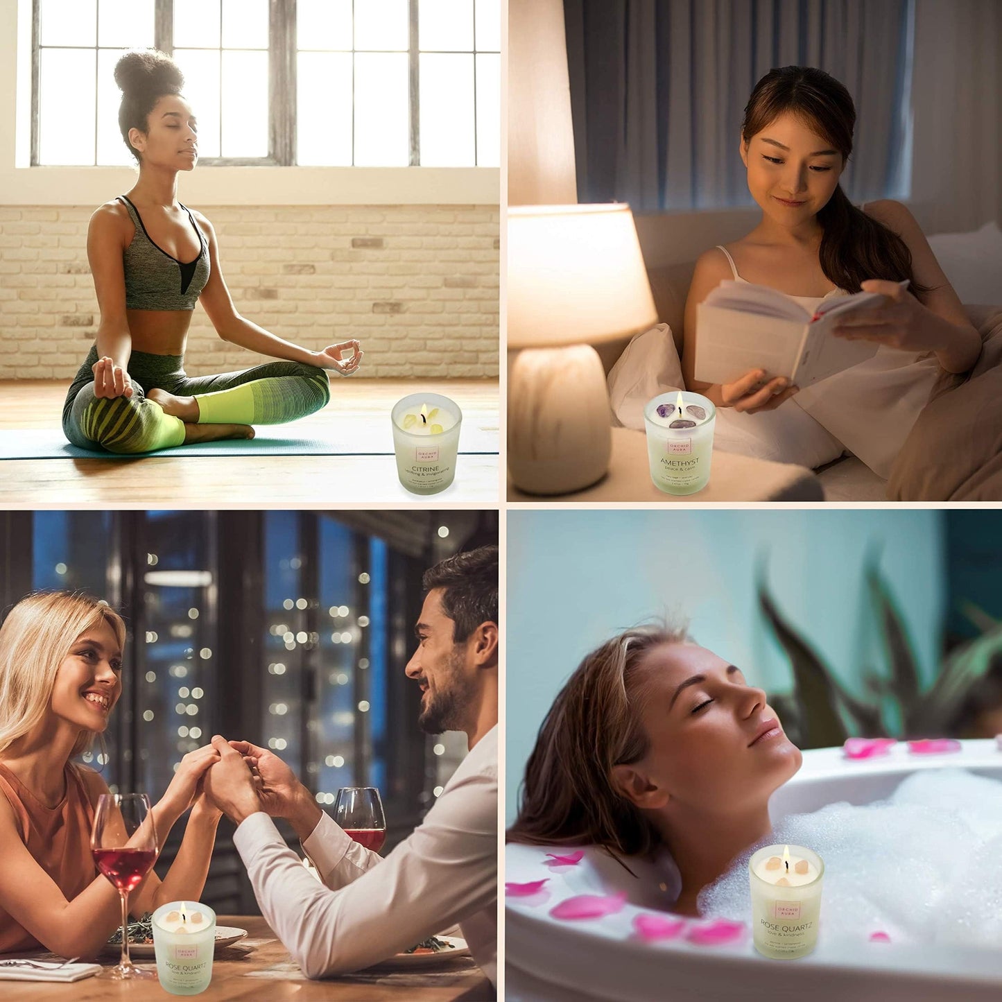 ORCHID AURA Soy Candles with Healing Crystals. Citrine, Rose Quartz, Amethyst Crystal. Eucalyptus + Lemongrass, Jasmine + Sandalwood, Clary Sage + Lavender. 3PC Scented Crystal Candle Set, 2.47oz Each