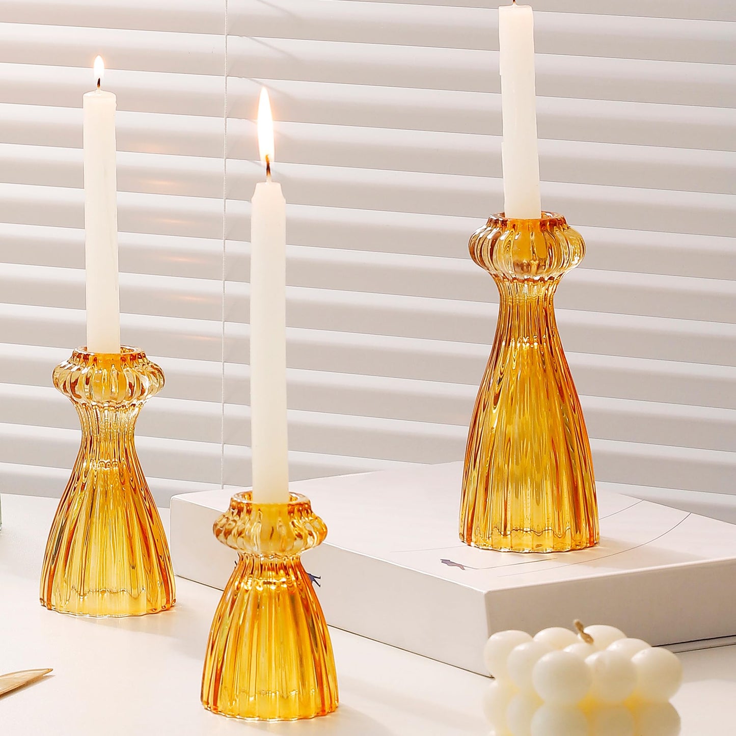 Lysenn Glass Candle Stick Holder Set of 3 – Premium Taper Candle Holders for Romantic Ambiance - Candle Sticks Holder Decor for Special Occasions - Amber