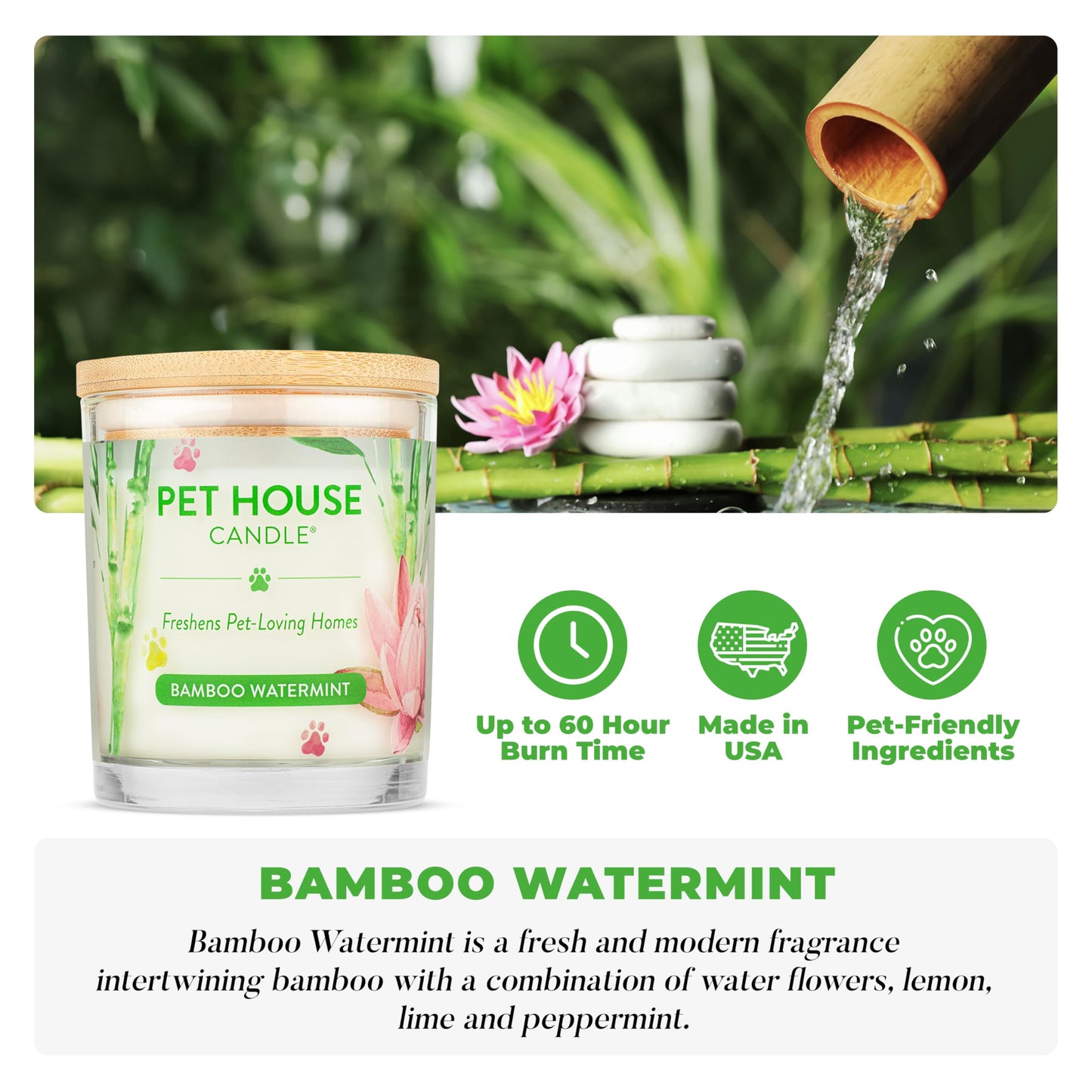 Pet House Candles, Plant-Based Pet Candle Clean Burning, 60 Hour Burn Time with a Natural Fiber Wick - Bamboo Watermint