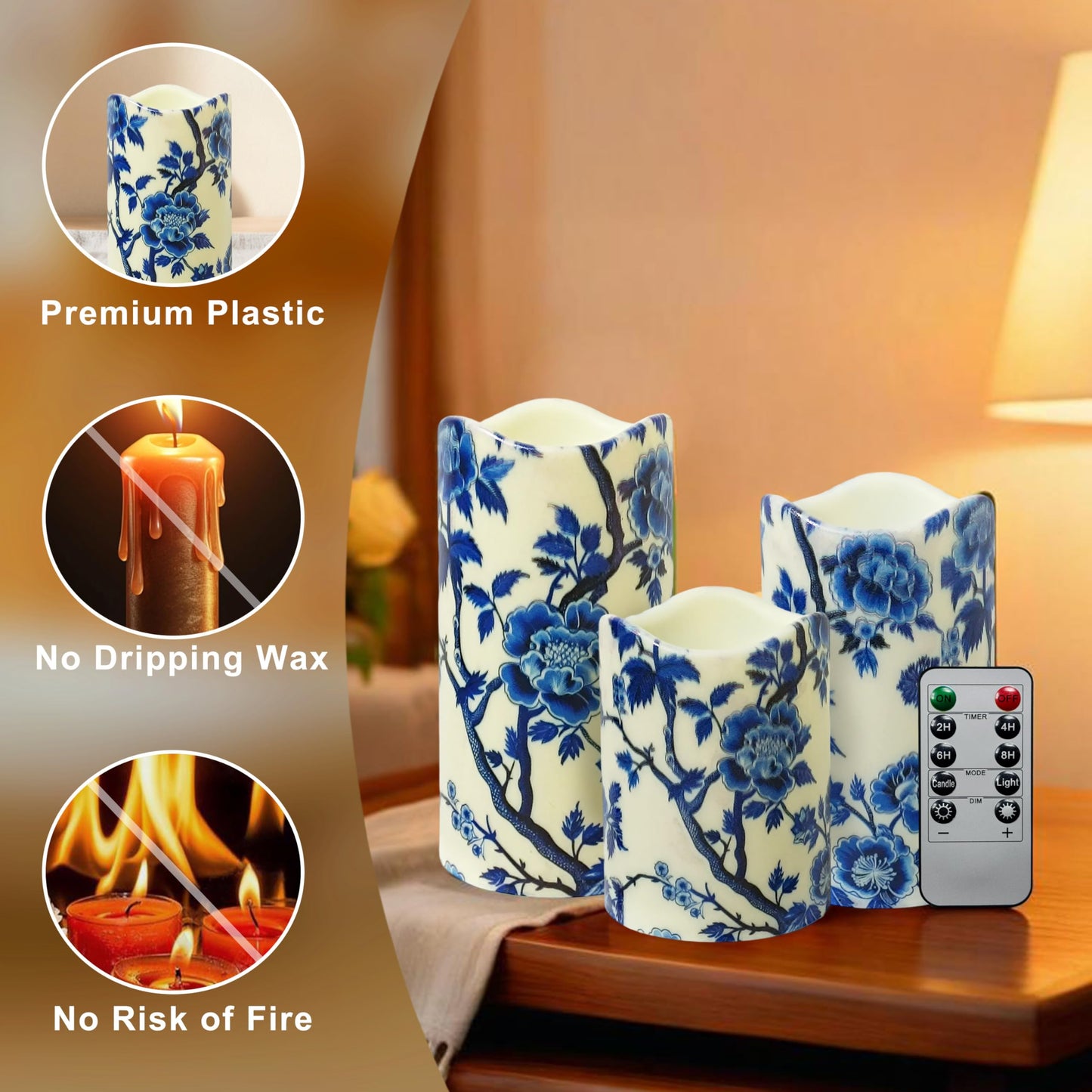 NjaoHoo Flameless Candles 4" 5" 6" Set of 3 Indoor Outdoor Pillars Battery Operated Flickering Candles Include 10-Key Remote Timer Function 500+ Hours (Blue Floral Printed)